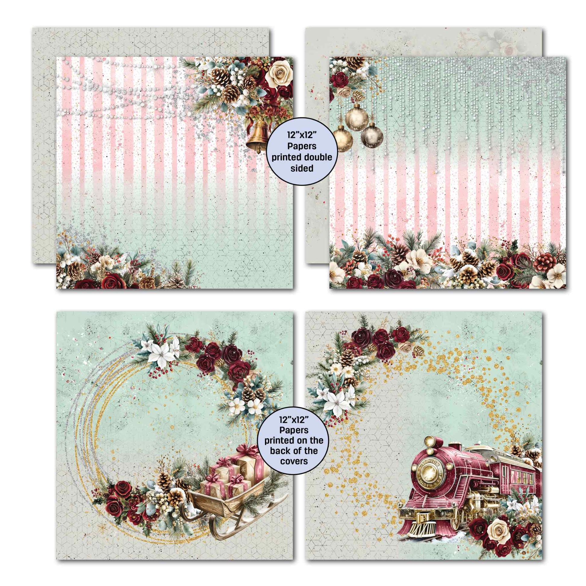Silent Night 12x12 papers showing deep teal with white pearl bead draping, mint with silver crackle texture, and green gingham with floral scroll overlay and gold splatter