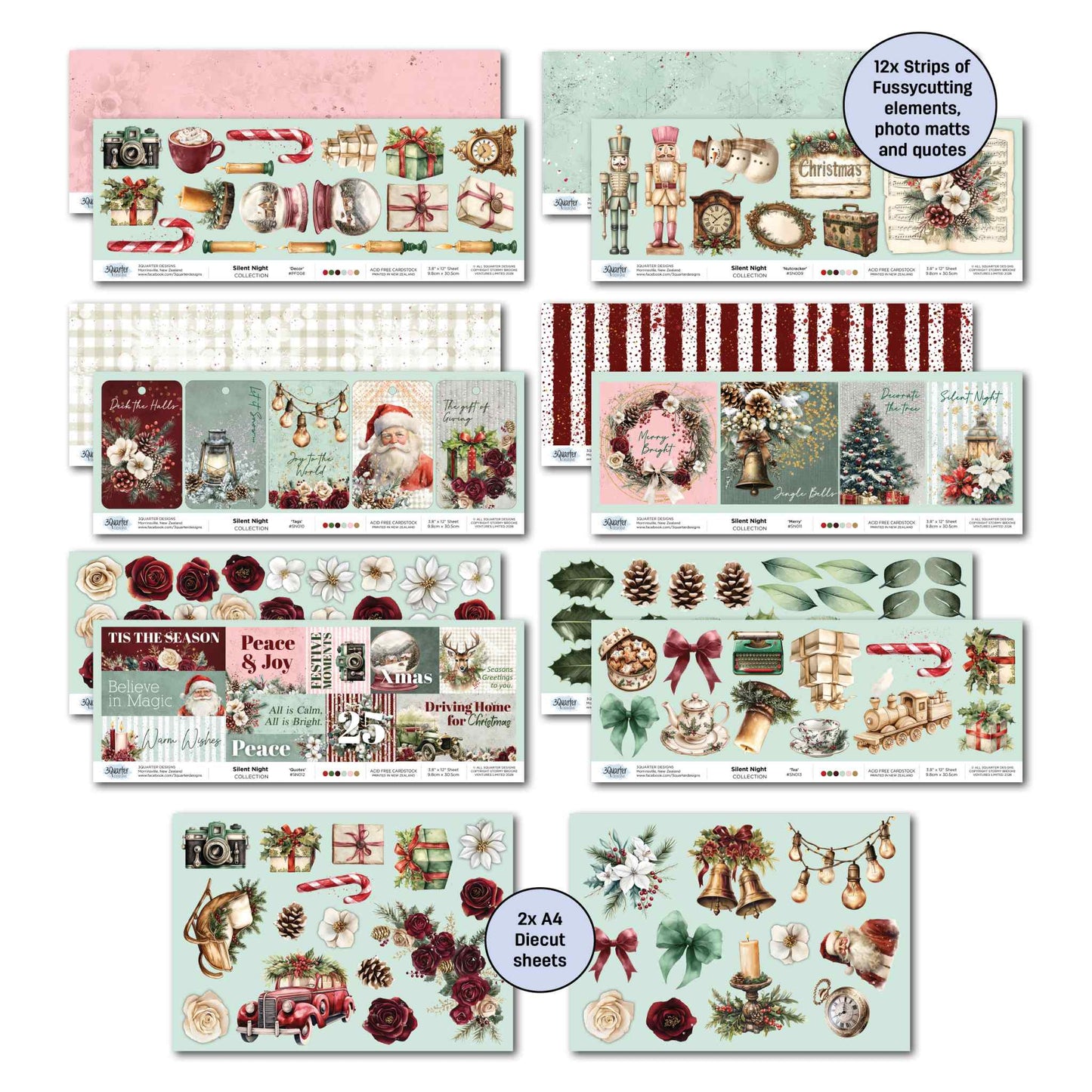Silent Night 12x12 coordinating extras including sentiment strips, tags and additional paper elements in teal, burgundy and cream