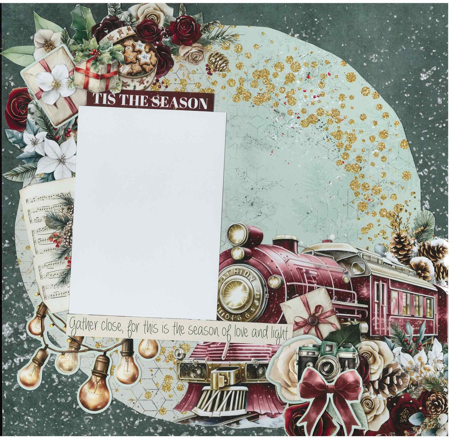 Silent Night 12x12 scrapbook layout featuring vintage pink steam train, wrapped gifts, Edison bulb string lights, sheet music, burgundy roses, white magnolia, pine cones and Tis the Season and Gather close sentiments on teal background