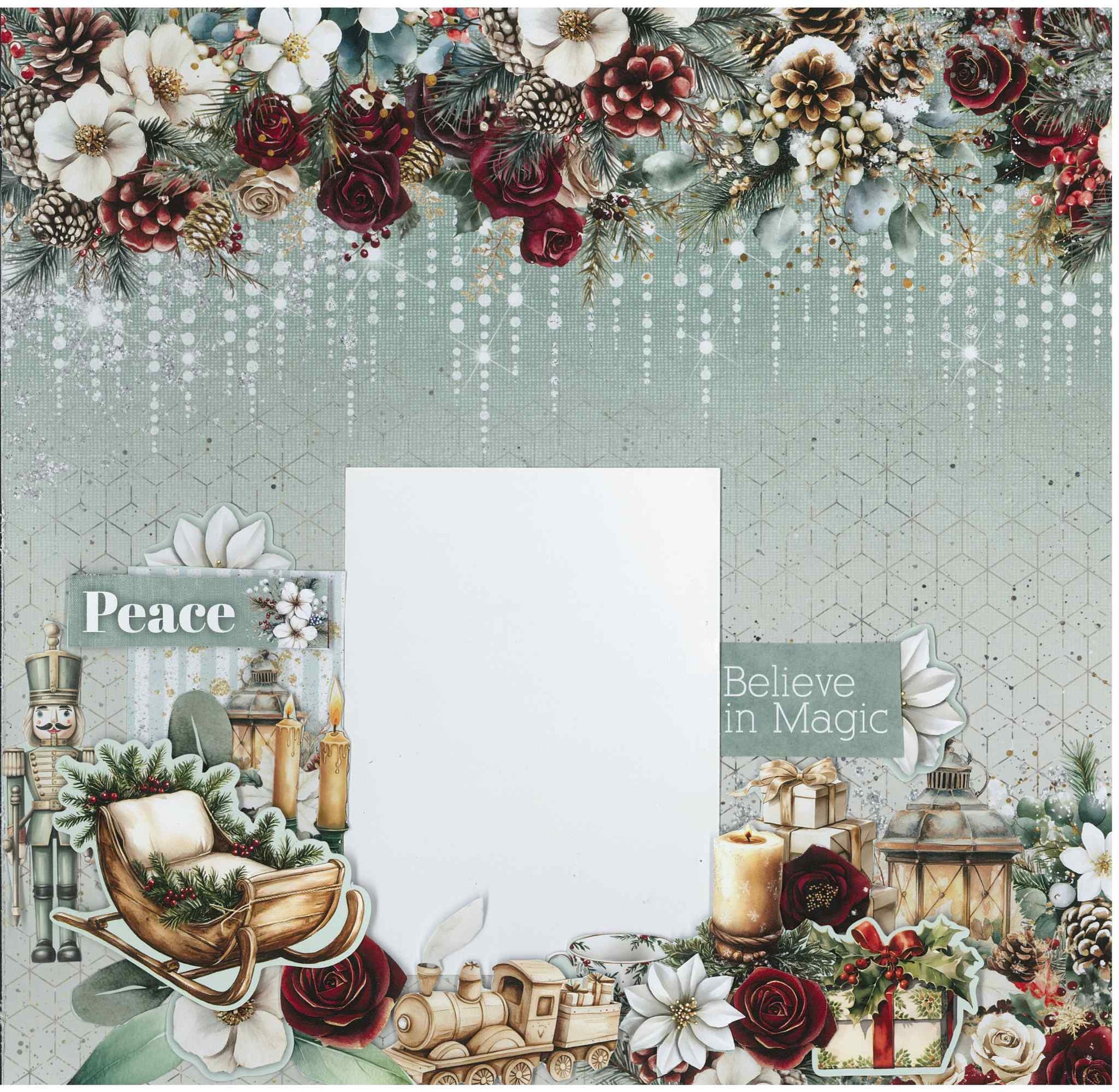 Silent Night 12x12 scrapbook layout featuring lush floral garland of white magnolia, burgundy roses and pine cones across the top, wooden sleigh, toy train, nutcracker, candle, lantern, wrapped gifts and Peace and Believe in Magic sentiments on mint hexagon background
