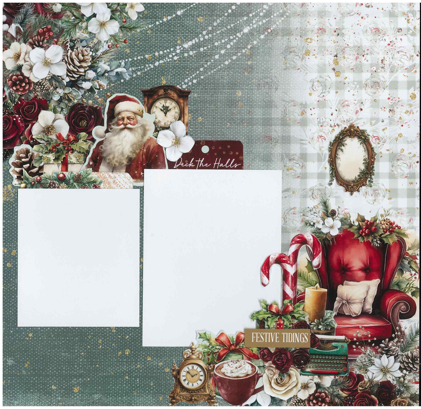 Silent Night 12x12 two-photo scrapbook layout featuring Santa with grandfather clock, red velvet armchair, candy canes, hot chocolate, vintage typewriter, alarm clock, holly, white magnolia and Festive Tidings and Deck the Halls sentiments on teal and grey gingham backgrounds