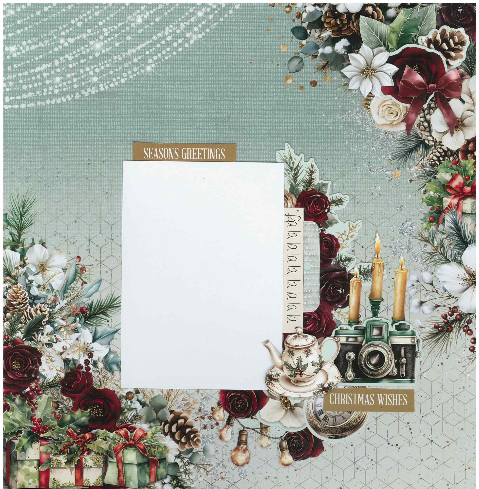 Silent Night 12x12 scrapbook layout featuring three gold candles, vintage teal camera, holly-patterned teapot, wrapped gifts, Edison bulb string lights, burgundy and white roses, pine cones and Seasons Greetings, Fa la la and Christmas Wishes sentiments on teal and mint backgrounds