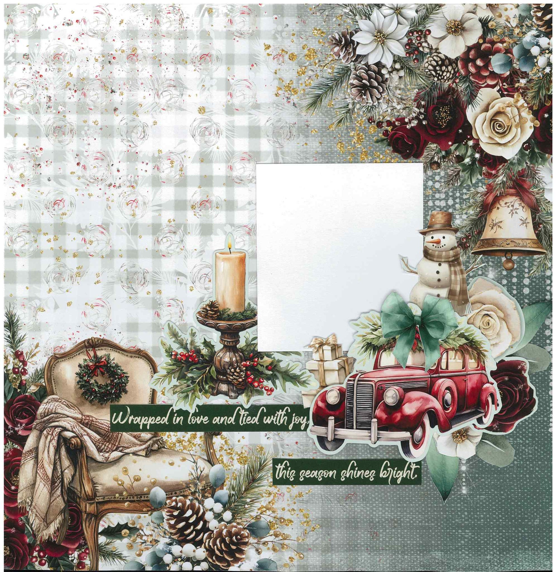 Silent Night 12x12 scrapbook layout featuring cream armchair with tartan throw and wreath, pillar candle on stand, vintage red car with snowman and green bow, gold bell, burgundy roses, pine cones and Wrapped in love and tied with joy and this season shines bright sentiments on grey gingham and teal backgrounds 