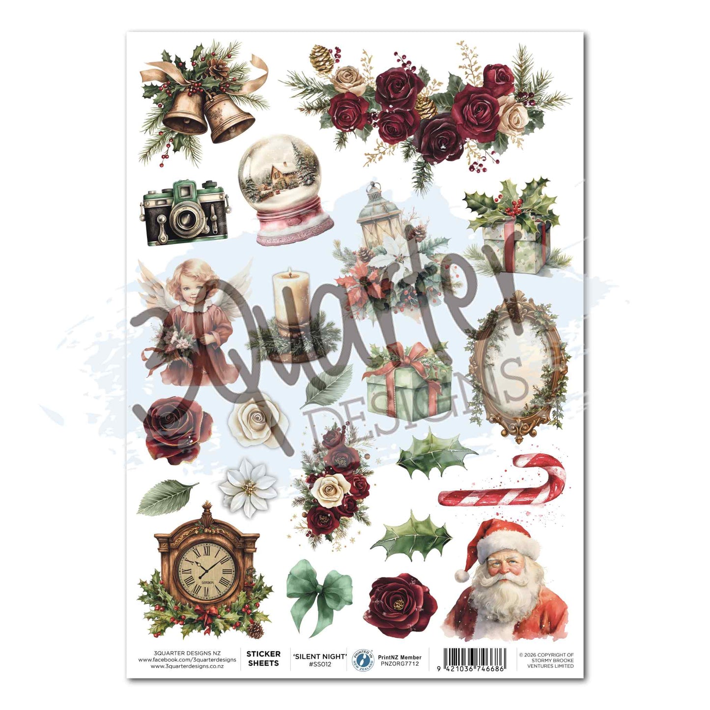 3Quarter Designs Silent Night A4 sticker sheet featuring Christmas motifs including Santa, angel, snow globe, bells, burgundy roses, lantern, clock, candy cane, holly, gifts and poinsettia 