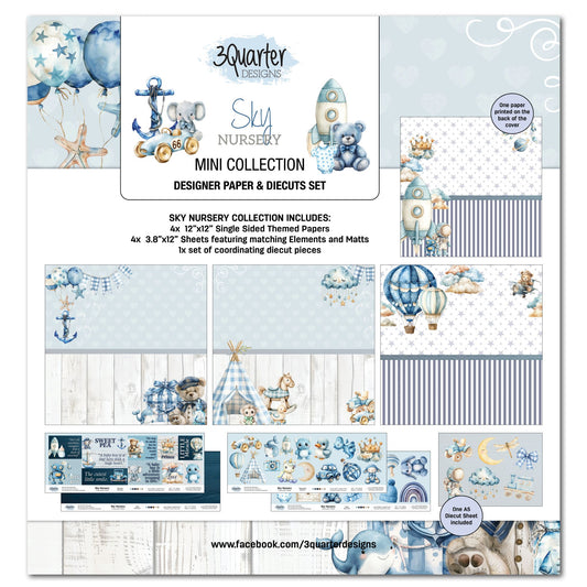 3Quarter Designs Sky Nursery Mini Scrapbook Collection Kit cover showing pack contents including 12x12 papers, offcut strips and die-cut sheet in soft sky blue with hot air balloons, rocket, anchor, astronaut and nursery toy designs