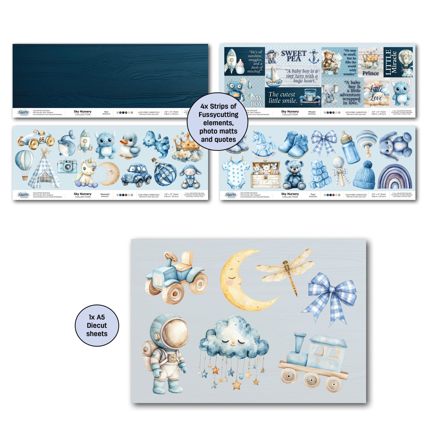 3Quarter Designs Sky Nursery kit extras showing four 3.8x12 offcut strips with dark navy photo mats, quotes, elements and toys, plus A5 die-cut sheet with blue tractor, sleeping moon, astronaut, smiling cloud, gingham bow and toy train