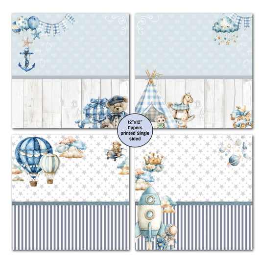 3Quarter Designs Sky Nursery four 12x12 single-sided papers showing balloons and anchor on blue polka dots, smiling rain cloud with teepee and rocking horse, hot air balloons with biplane teddy bear, and rocket ship with astronaut on white stars