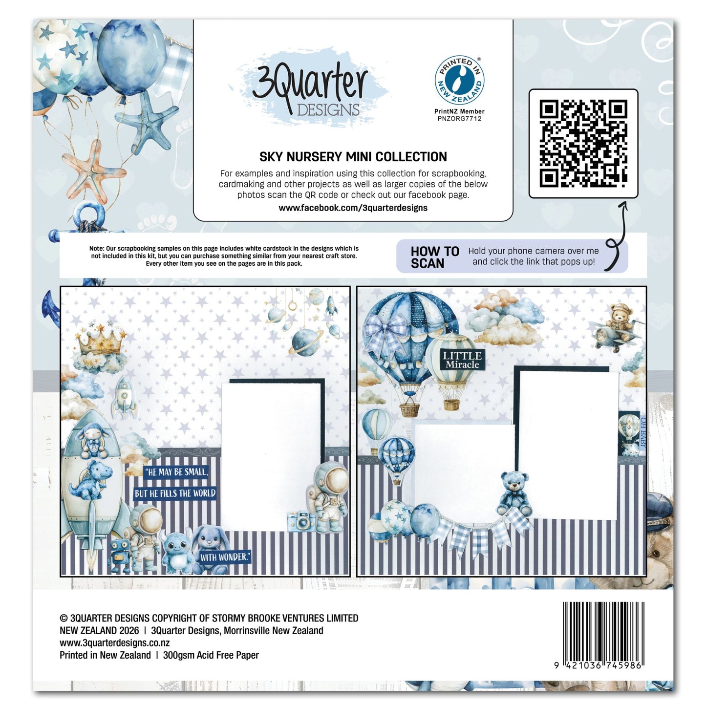 3Quarter Designs Sky Nursery Mini Scrapbook Collection Kit reverse showing two sample double page scrapbook layouts featuring rocket, astronaut, hot air balloons, Little Miracle quote and teddy bear in soft sky blue