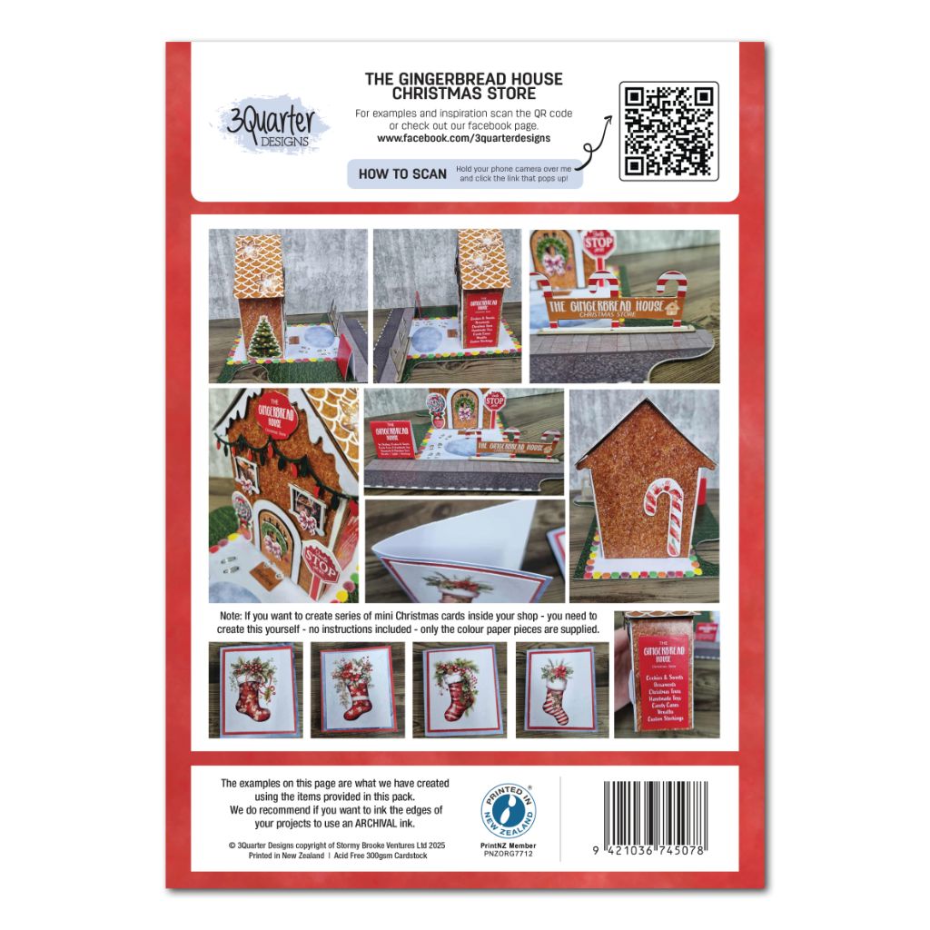 Back cover of the 3Quarter Lane Gingerbread House Christmas Store kit showing multiple assembly angles, kit contents including chipboard pieces and A4 papers, mini Christmas card samples with Christmas stocking designs, and menu sign listing Cookies and Sweets, Ornaments, Christmas Tree, Handmade Nuts, Candy Canes, Wreaths, and Custom Stockings
