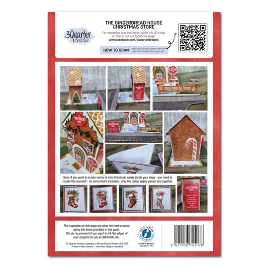 Back cover of the 3Quarter Lane Gingerbread House Christmas Store kit showing multiple assembly angles, kit contents including chipboard pieces and A4 papers, mini Christmas card samples with Christmas stocking designs, and menu sign listing Cookies and Sweets, Ornaments, Christmas Tree, Handmade Nuts, Candy Canes, Wreaths, and Custom Stockings