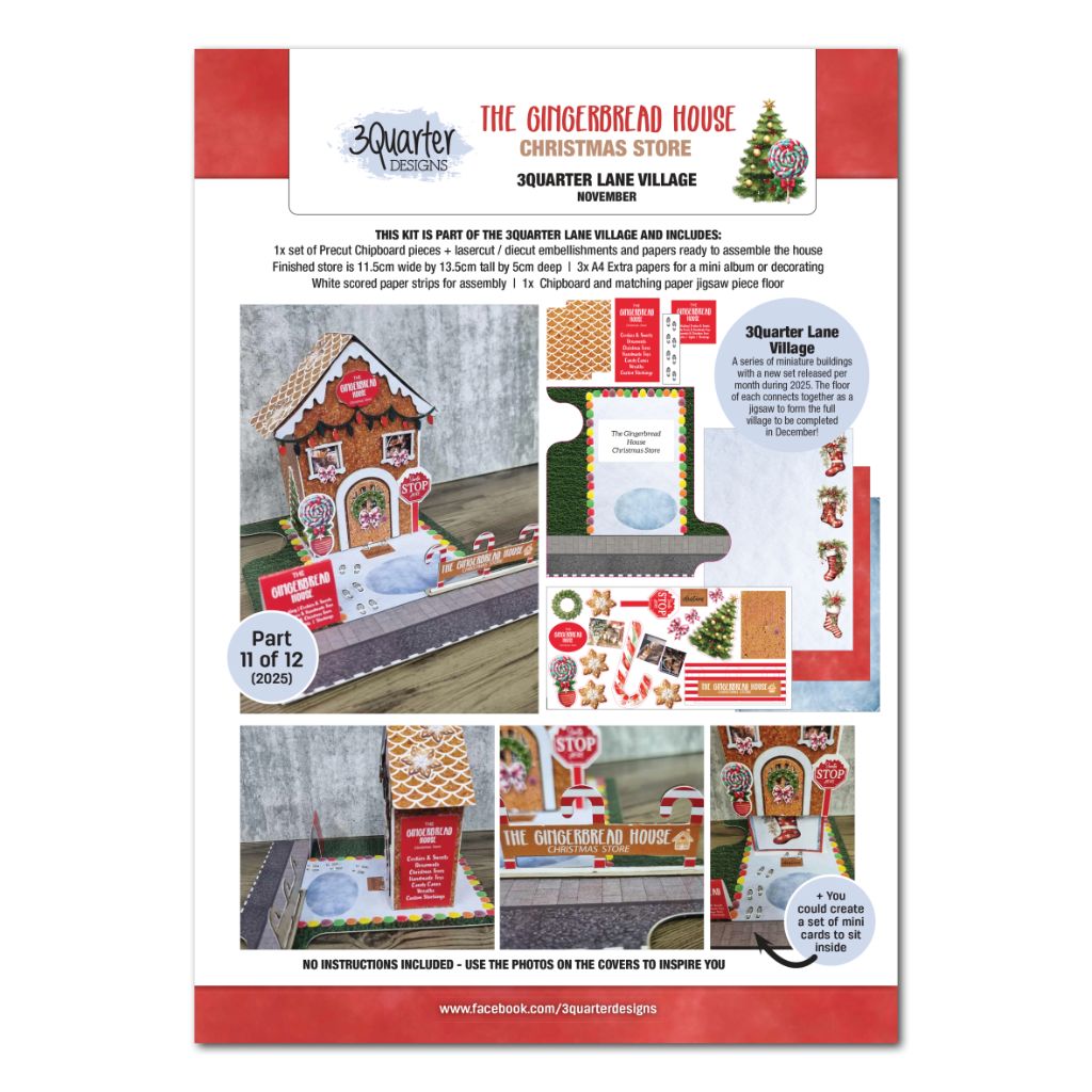Front cover of the 3Quarter Lane Gingerbread House Christmas Store kit showing the assembled miniature gingerbread building with scalloped roof, candy cane decorations, Christmas wreath on door, fairy lights, lollipop die-cuts, STOP sign, The Gingerbread House Christmas Store signage, and snow-covered base board with footprints
