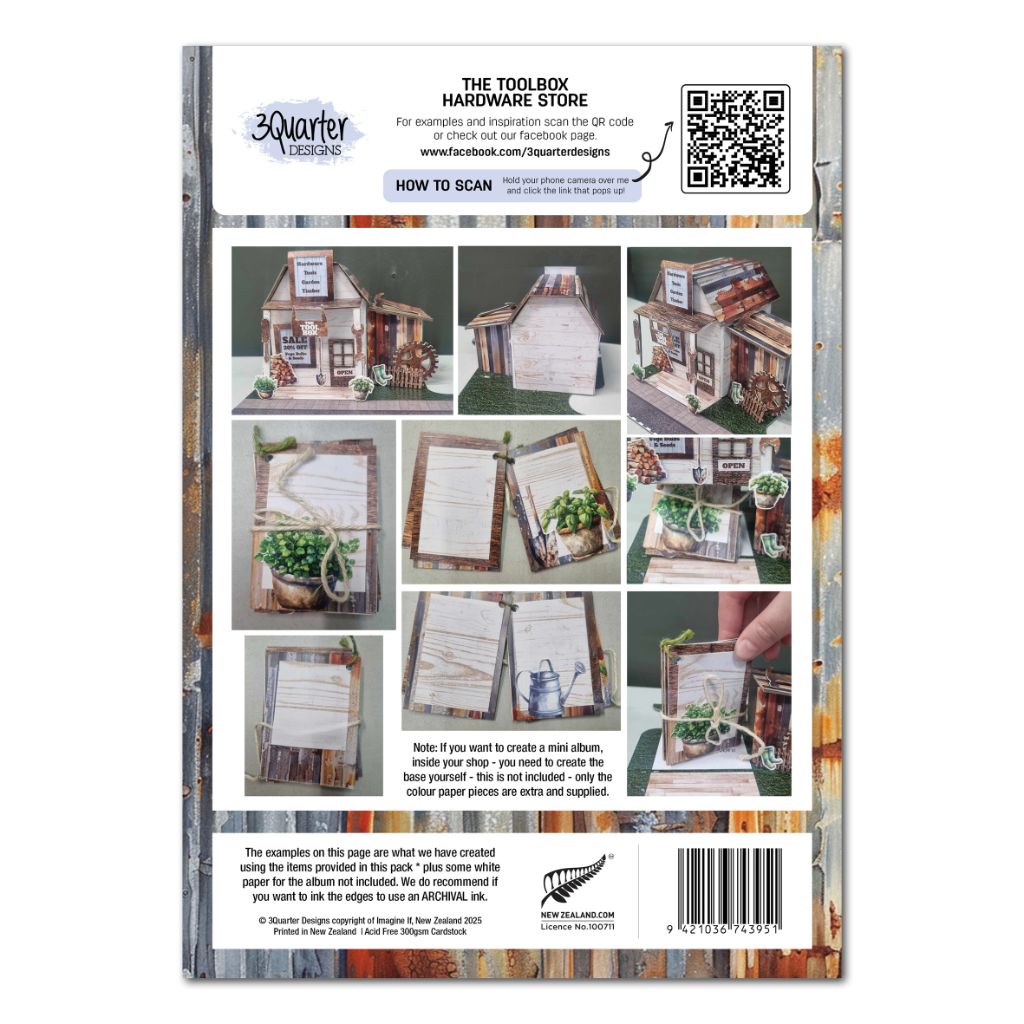 Back cover of The Toolbox kit with assembly inspiration photos and miniature village examples