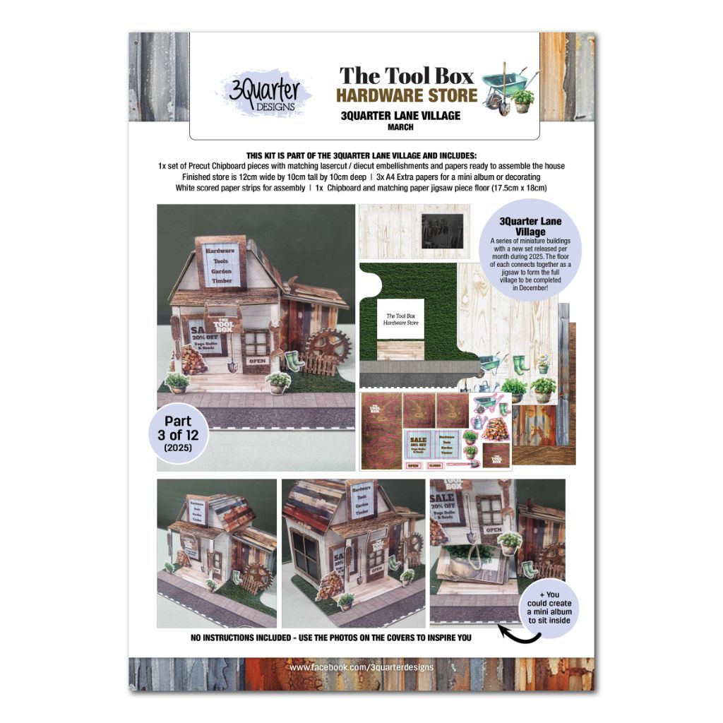 Front cover of The Toolbox kit showing the finished miniature hardware store and included materials