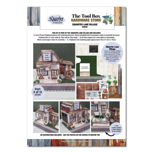 Front cover of The Toolbox kit showing the finished miniature hardware store and included materials