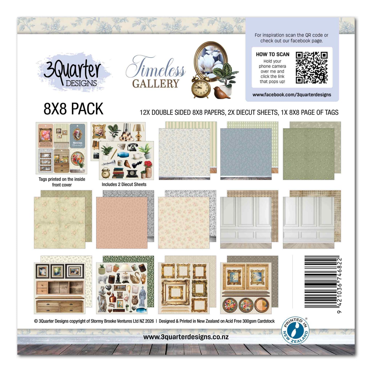 Timeless Gallery 8x8 Paper Pack by 3Quarter Designs — cover showing all 12 double-sided papers, 2x die-cut sheets and tag sheet with home décor elements, gold frames, panelled wall papers and tonal wallpaper backgrounds