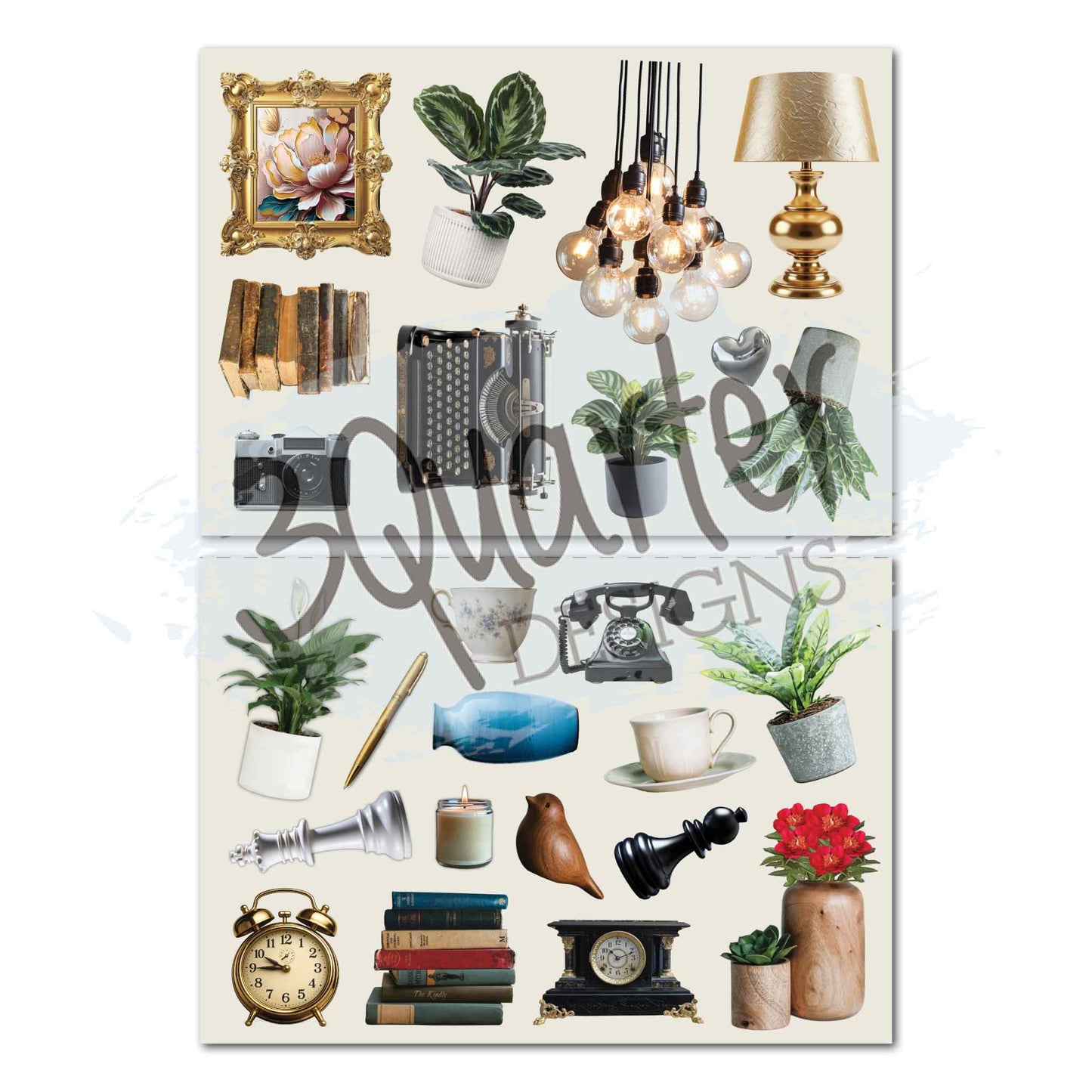 Timeless Gallery 2x A5 die-cut sheets — home décor elements including gold baroque frame with peony painting, fiddle leaf fig, Edison bulb pendant cluster, gold table lamp, vintage typewriter, film camera, stacked books, rotary phone, candle, wooden bird, alarm clock, mantel clock, succulents, gold swan, chinoiserie vase, owl figurine, classical statues and more