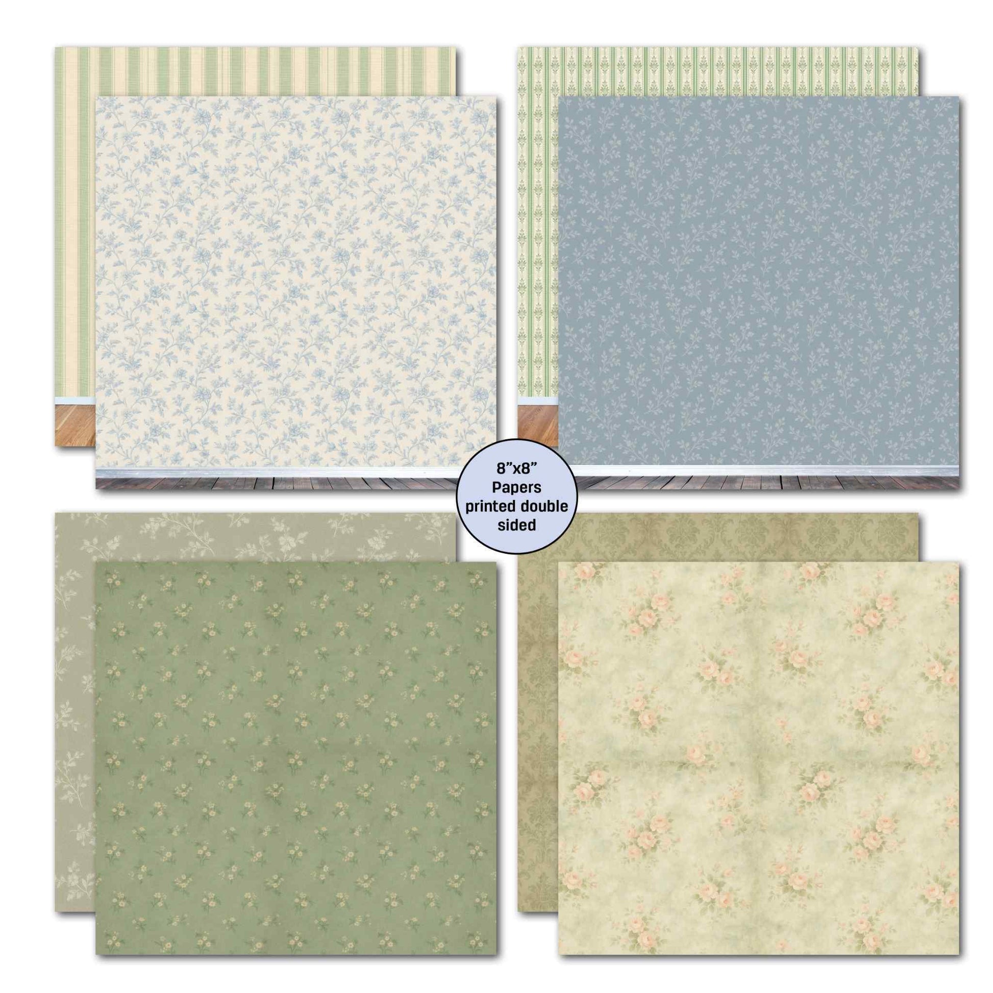 Timeless Gallery 8x8 double-sided papers — cream blue floral tonal wallpaper with sage green stripe reverse visible; dusty blue tonal floral with sage green border reverse visible; two sage green tonal florals; warm cream tonal floral