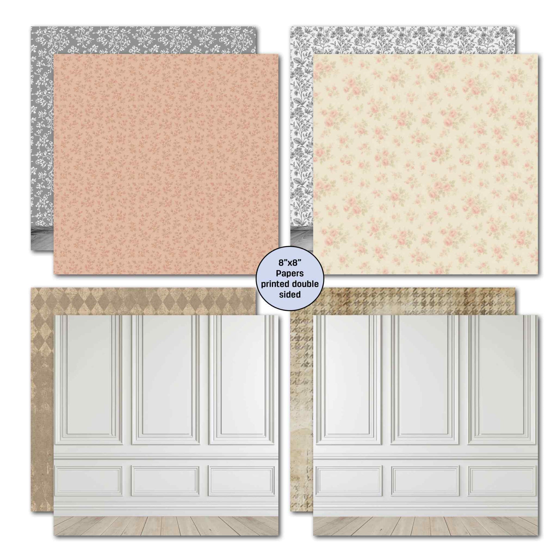 Timeless Gallery 8x8 double-sided papers — blush terracotta tonal with grey floral reverse visible; soft cream pink tonal floral with grey floral reverse visible; white panelled wall with timber floor with gold diamond harlequin reverse visible; white panelled wall with timber floor with taupe houndstooth reverse visible