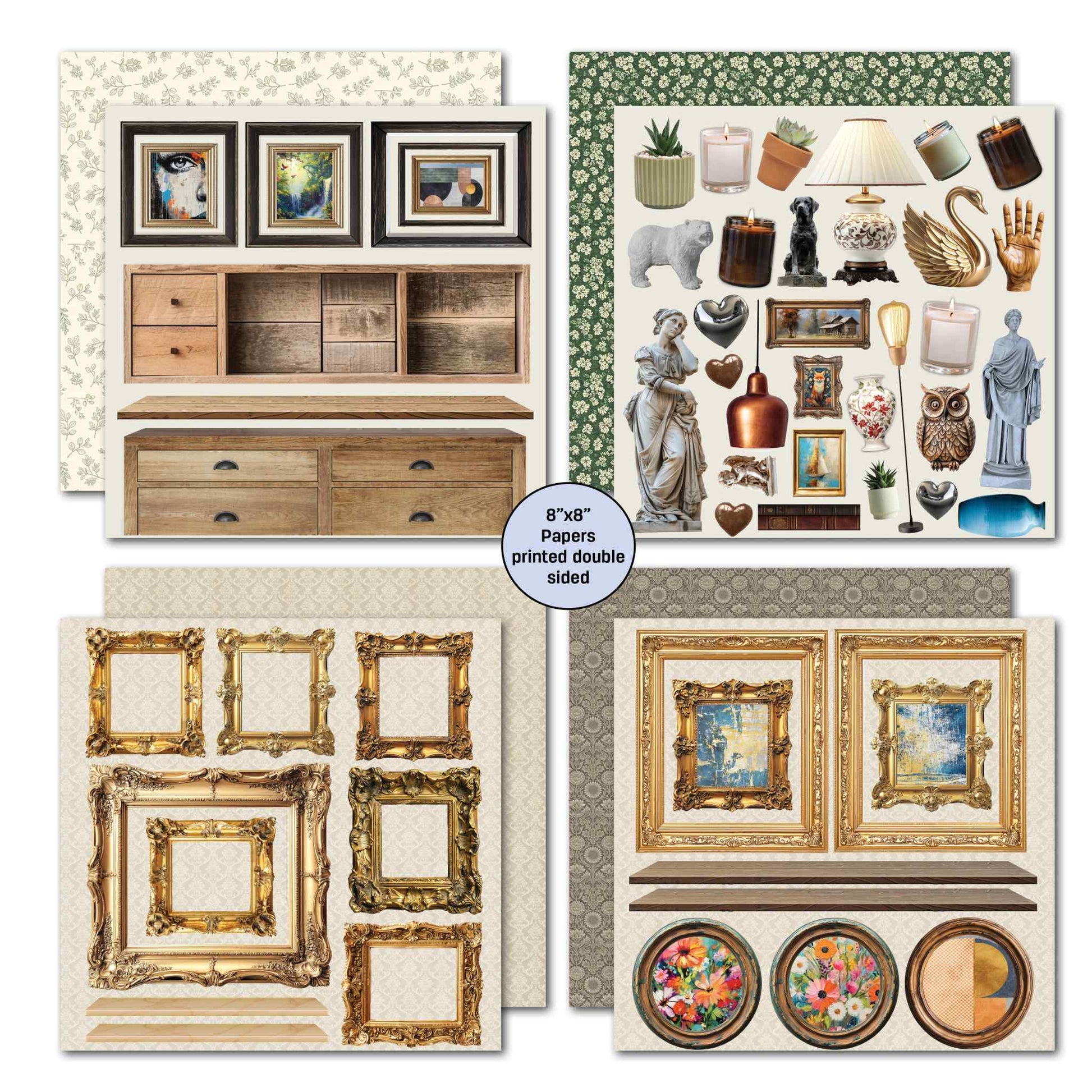Timeless Gallery 8x8 scene papers — rustic timber sideboard with three dark-framed artworks above; home décor elements sheet with plants, candles, lamps, swan, owl, statues, copper pendant, heart sculptures and more; six ornate gold baroque frames in various sizes; two large gold baroque frames with landscape paintings and timber shelf with three round framed artworks