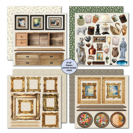 Timeless Gallery 8x8 scene papers — rustic timber sideboard with three dark-framed artworks above; home décor elements sheet with plants, candles, lamps, swan, owl, statues, copper pendant, heart sculptures and more; six ornate gold baroque frames in various sizes; two large gold baroque frames with landscape paintings and timber shelf with three round framed artworks