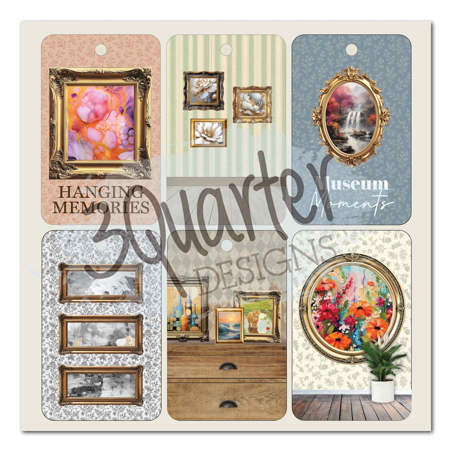Timeless Gallery 8x8 tag sheet — six tags: Hanging Memories on blush with gold baroque frame and abstract painting; gallery wall vignette on cream stripe; Museum Moments on dusty blue with gold oval frame and autumn waterfall; three gold landscape frames on grey floral; gallery wall with timber sideboard and colourful paintings; large gold round frame with vibrant floral bouquet and potted plant