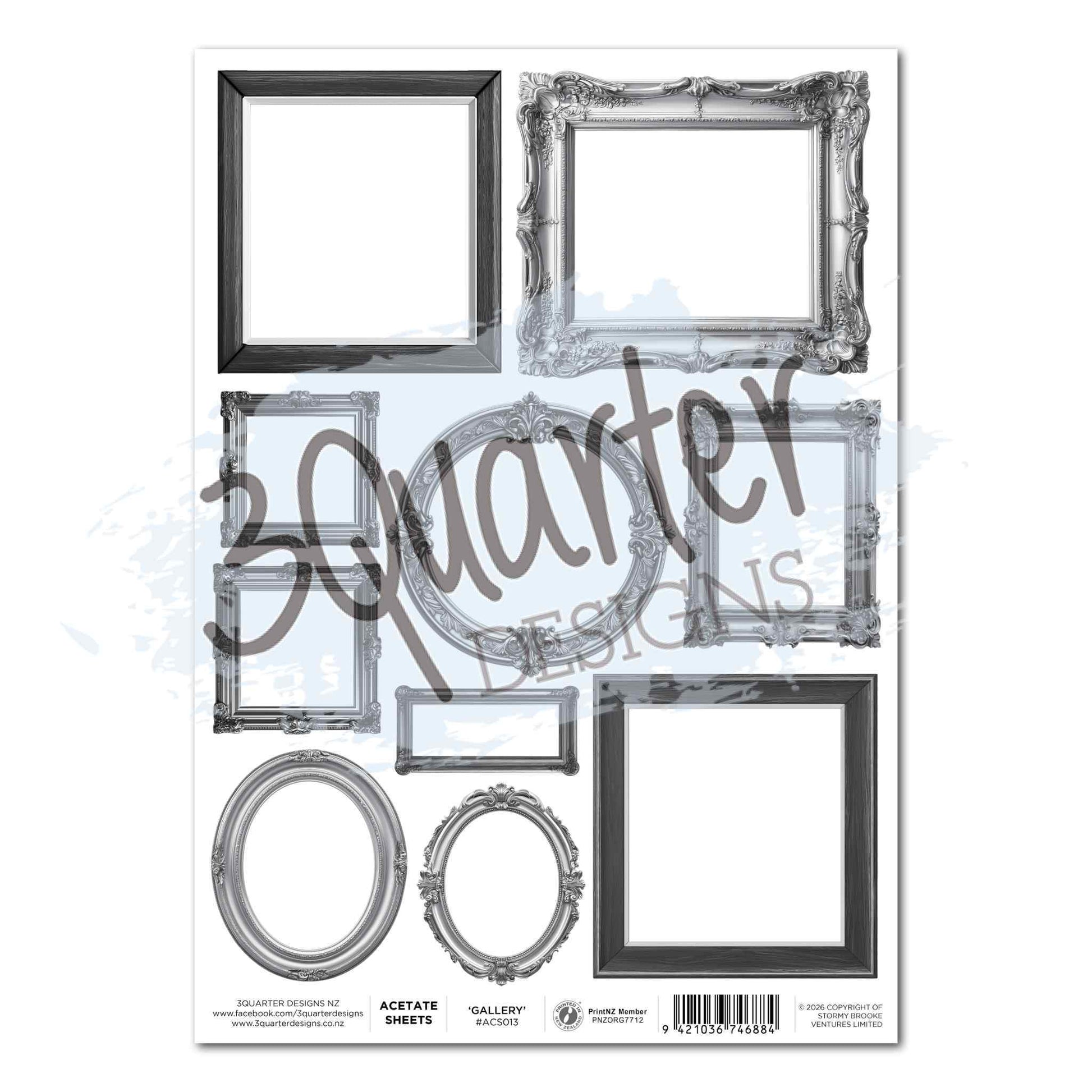 Timeless Gallery Acetate Sheet A4 by 3Quarter Designs — 10 frames in black, charcoal and grey tones on clear acetate, including ornate baroque rectangular and oval frames and clean modern rectangular frames in various sizes