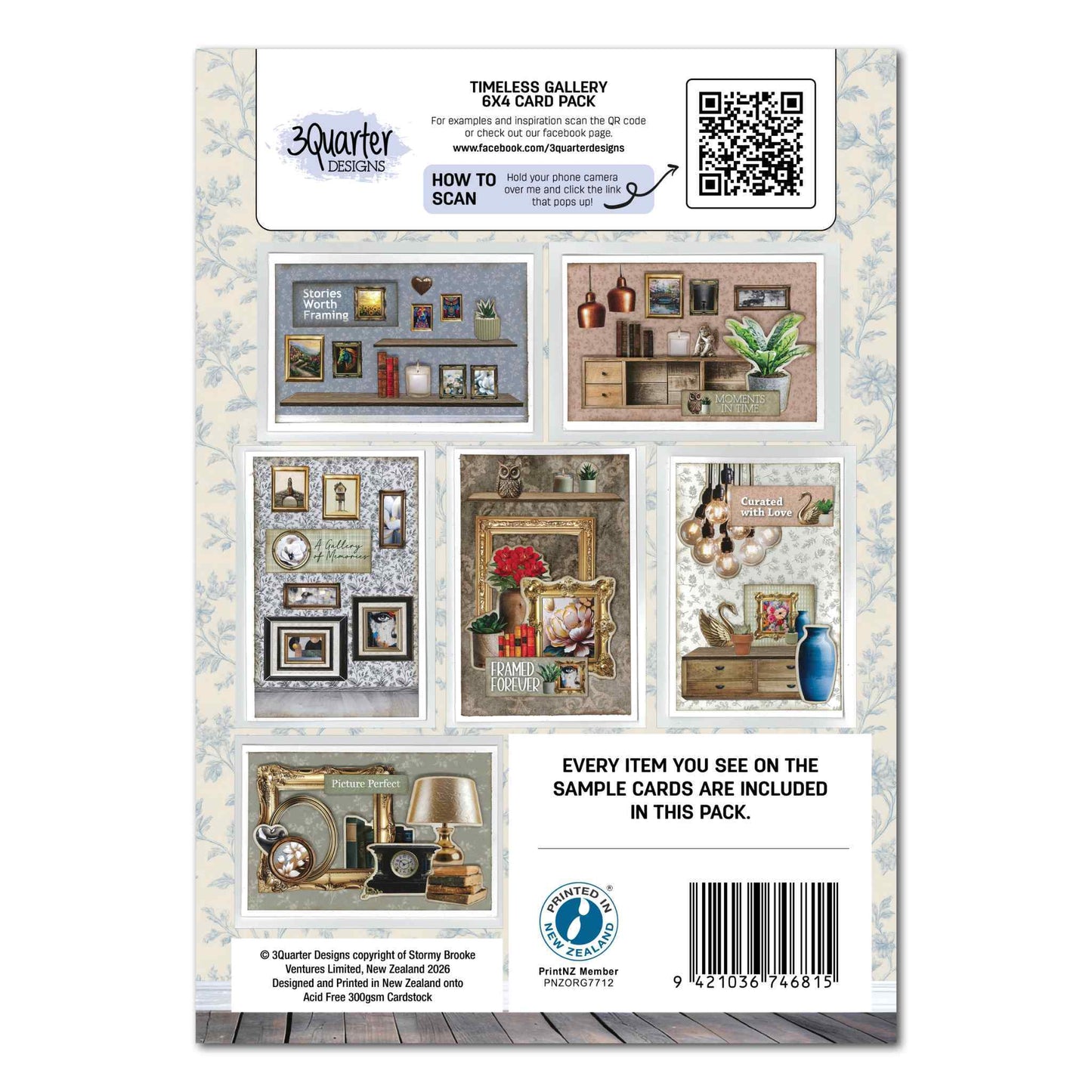 Timeless Gallery 6x4 Card Making Kit by 3Quarter Designs — back cover showing 5 sample cards with gallery walls, gold baroque frames, home décor elements, timber shelving, copper pendants and sentiments including Stories Worth Framing, Framed Forever and Curated with Love