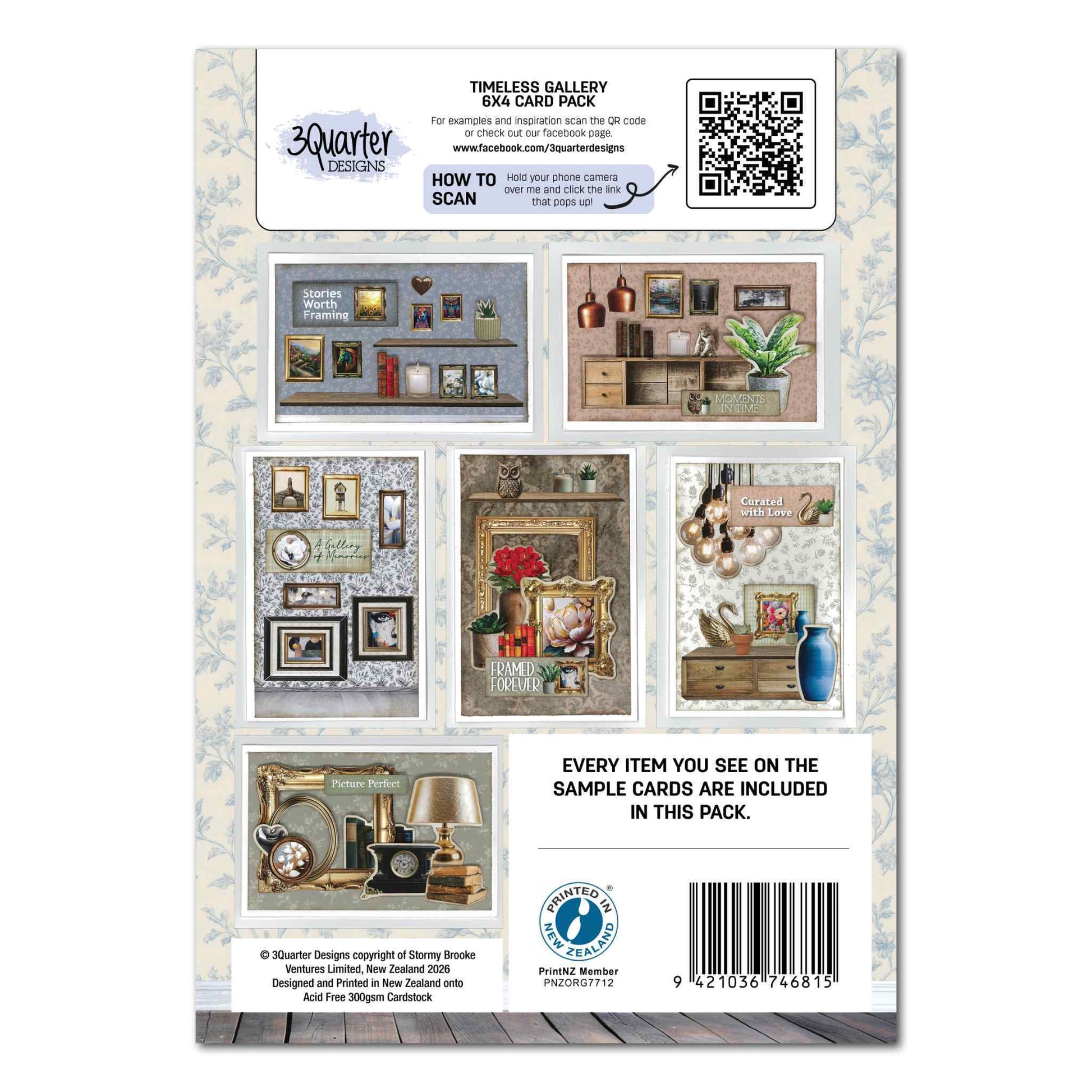 Timeless Gallery 6x4 Card Making Kit by 3Quarter Designs — back cover showing 5 sample cards with gallery walls, gold baroque frames, home décor elements, timber shelving, copper pendants and sentiments including Stories Worth Framing, Framed Forever and Curated with Love