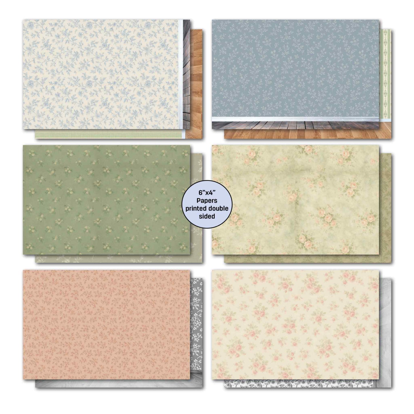 Timeless Gallery 6x4 double-sided background papers — cream blue floral tonal, dusty blue tonal with panelled wall and timber floor reverse visible, sage green tonal floral, warm cream floral, blush terracotta, and soft cream pink floral