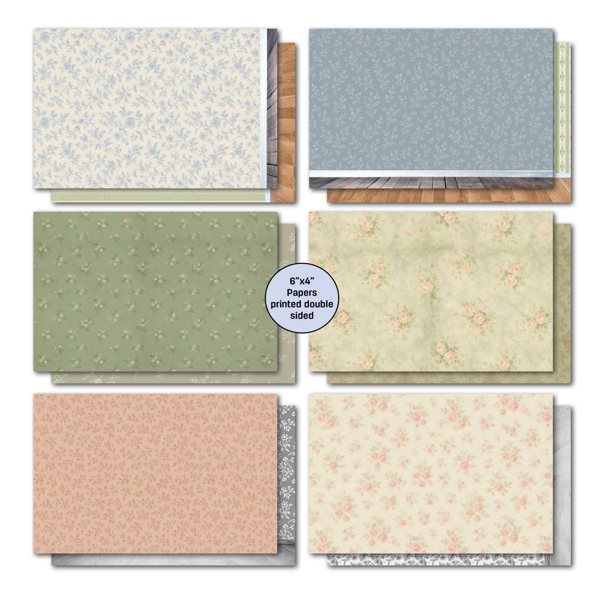 Timeless Gallery 6x4 double-sided background papers — cream blue floral tonal, dusty blue tonal with panelled wall and timber floor reverse visible, sage green tonal floral, warm cream floral, blush terracotta, and soft cream pink floral