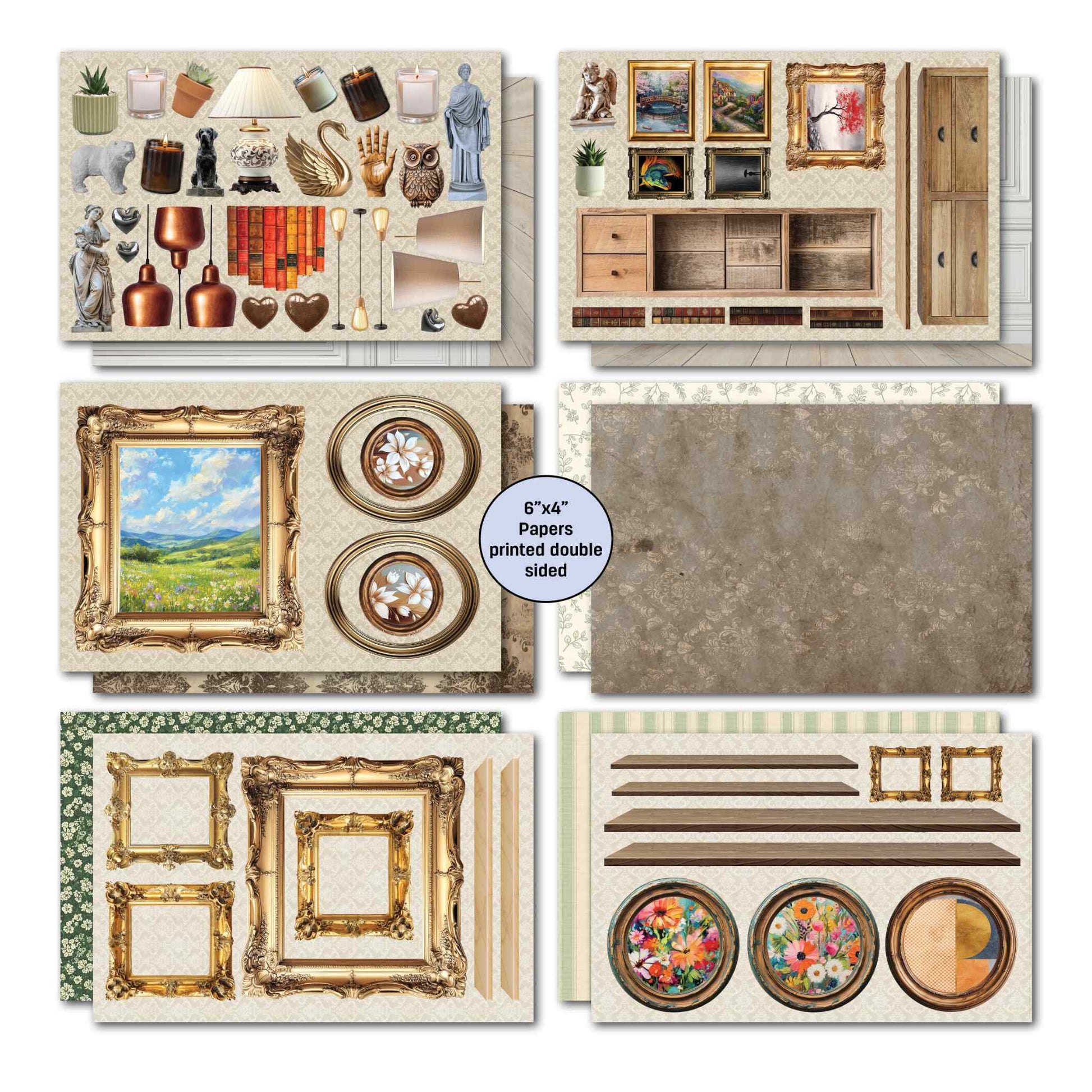 Timeless Gallery 6x4 scene papers — home décor elements sheet, timber furniture and shelving vignette, gold baroque frame with landscape painting and two round frames, concrete plaster texture, ornate gold frames sheet, timber shelves with round framed artworks; cut apart sheets with plants, lamp, pendants, typewriter, camera, books, swan, statues and more
