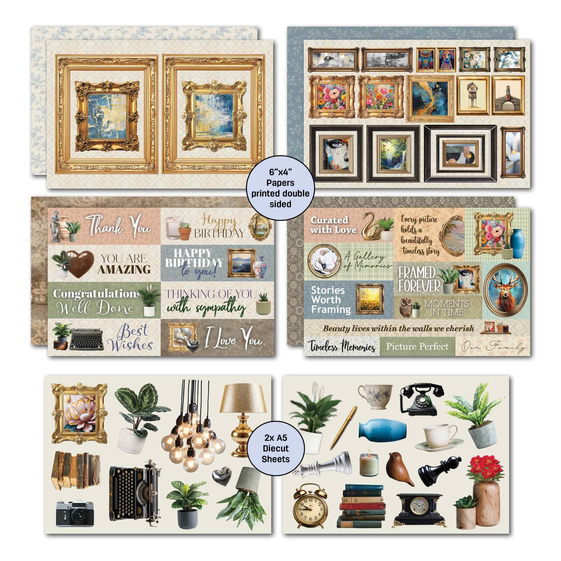 Timeless Gallery 6x4 papers — two large ornate gold baroque frames with paintings, gallery wall of gold and dark frames with artworks; sentiment sheets with Thank You, Happy Birthday, Curated with Love, Framed Forever, Timeless Memories and more; 2x A5 die-cut sheets with home décor elements