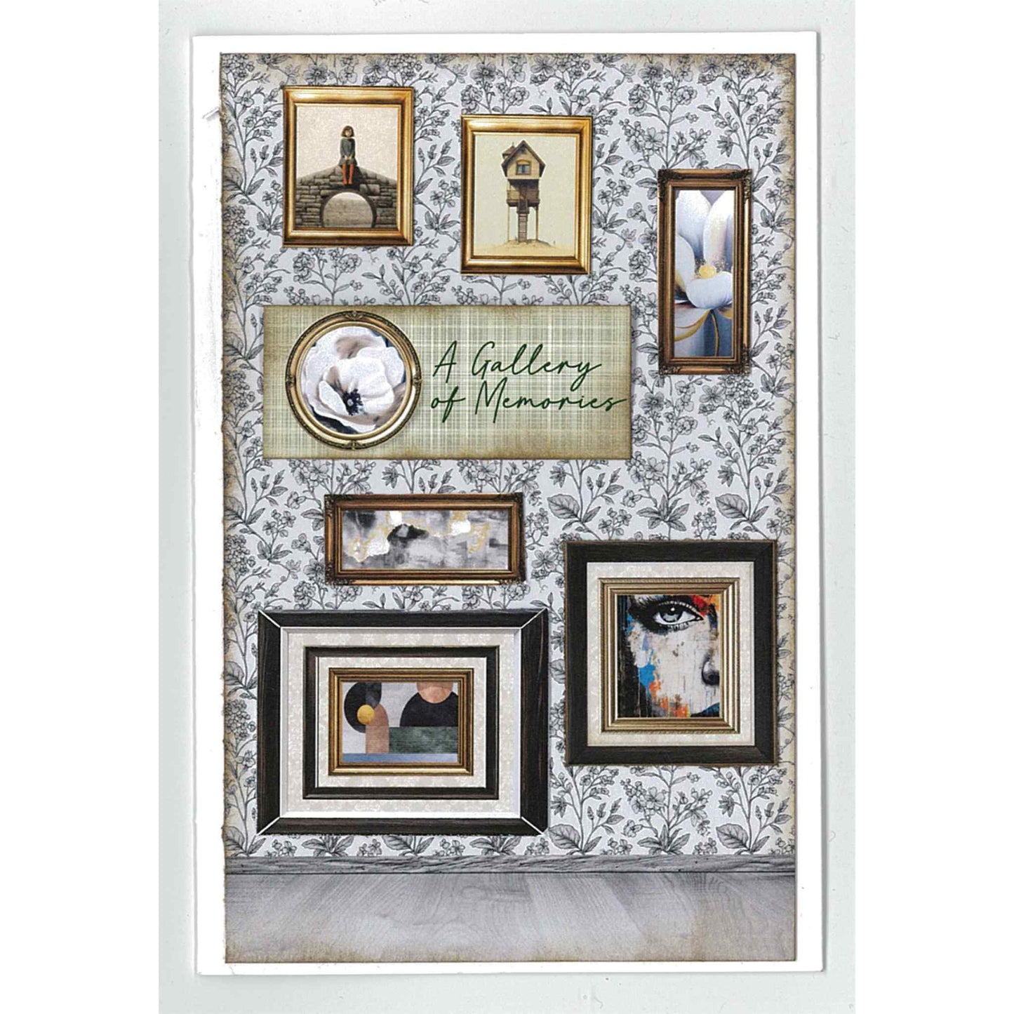 Timeless Gallery sample card — A Gallery of Memories sentiment on cream tonal floral wallpaper background with gallery wall of mixed gold and dark frames featuring figurative, whimsical house, magnolia, abstract and portrait artworks, round gold frame with white anemone and timber floor detail