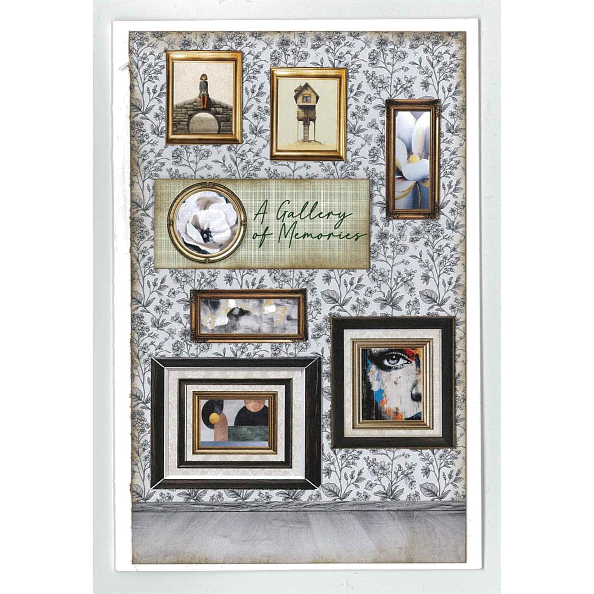 Timeless Gallery sample card — A Gallery of Memories sentiment on cream tonal floral wallpaper background with gallery wall of mixed gold and dark frames featuring figurative, whimsical house, magnolia, abstract and portrait artworks, round gold frame with white anemone and timber floor detail