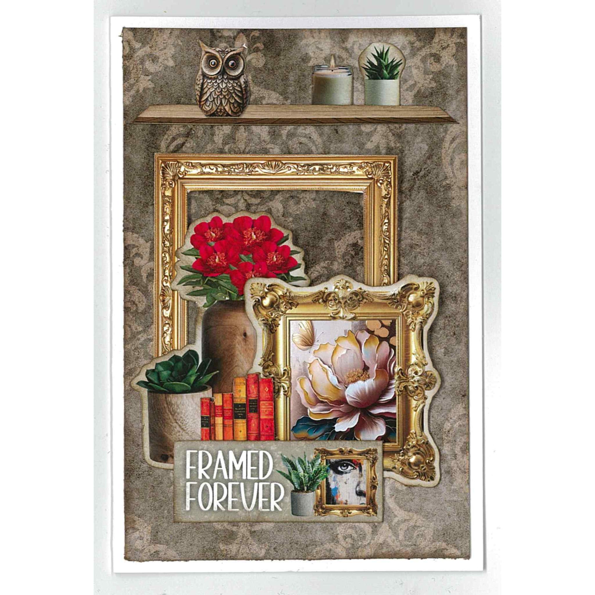 Timeless Gallery sample card — Framed Forever sentiment on gold and taupe damask background with timber shelf, owl figurine, candle and succulent; large ornate gold baroque frame layered with red floral arrangement in vase, smaller baroque frame with magnolia painting, small portrait frame, red leather books and succulent