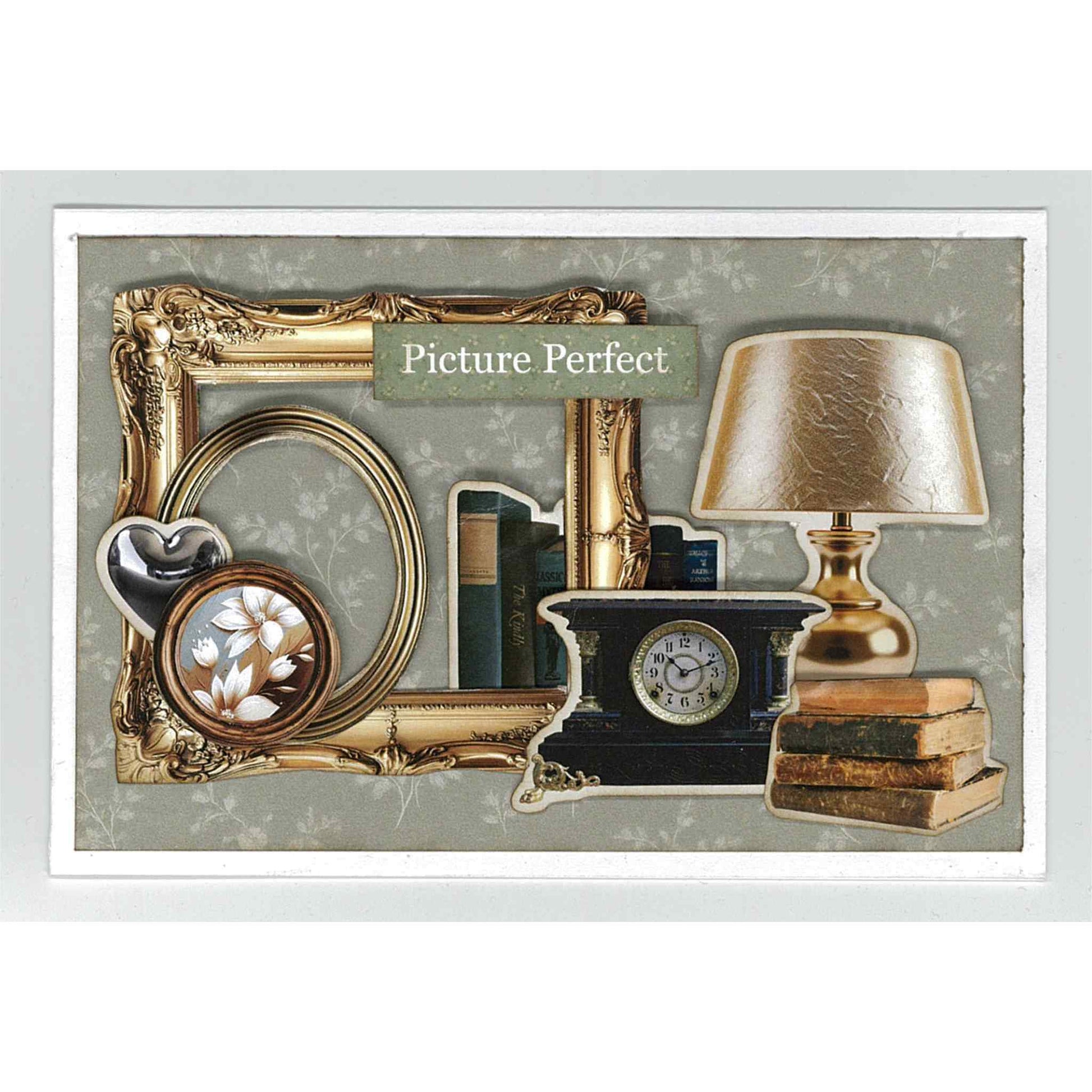 Timeless Gallery sample card — Picture Perfect sentiment on sage green tonal floral background with layered ornate gold baroque frames, round frame with floral painting, silver heart sculpture, stacked books, mantel clock, gold table lamp and leather-bound books