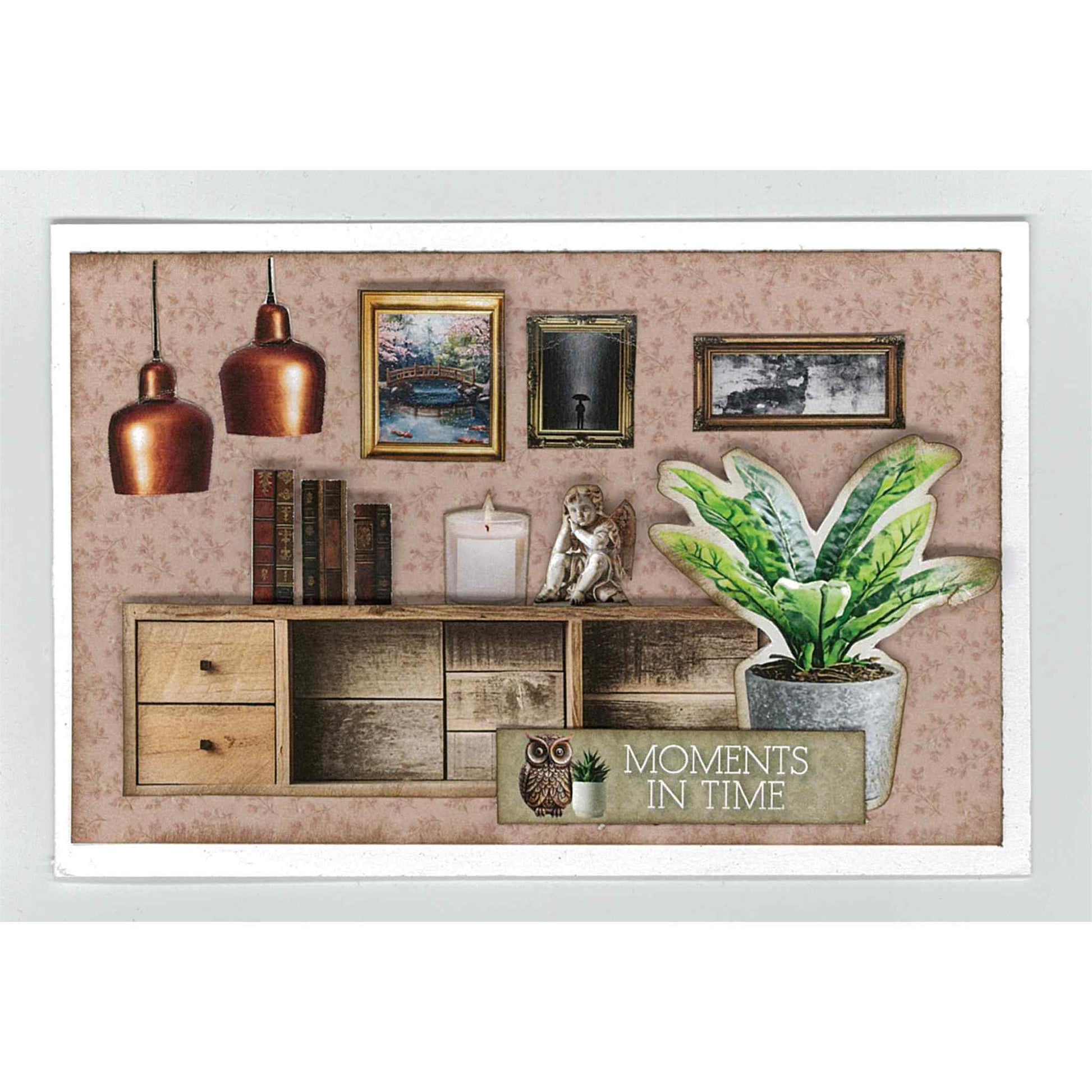 Timeless Gallery sample card — Moments in Time sentiment on blush terracotta tonal floral background with timber sideboard, copper pendant lights, framed landscape and rainy scene paintings, stacked leather books, candle, angel figurine and large potted tropical plant