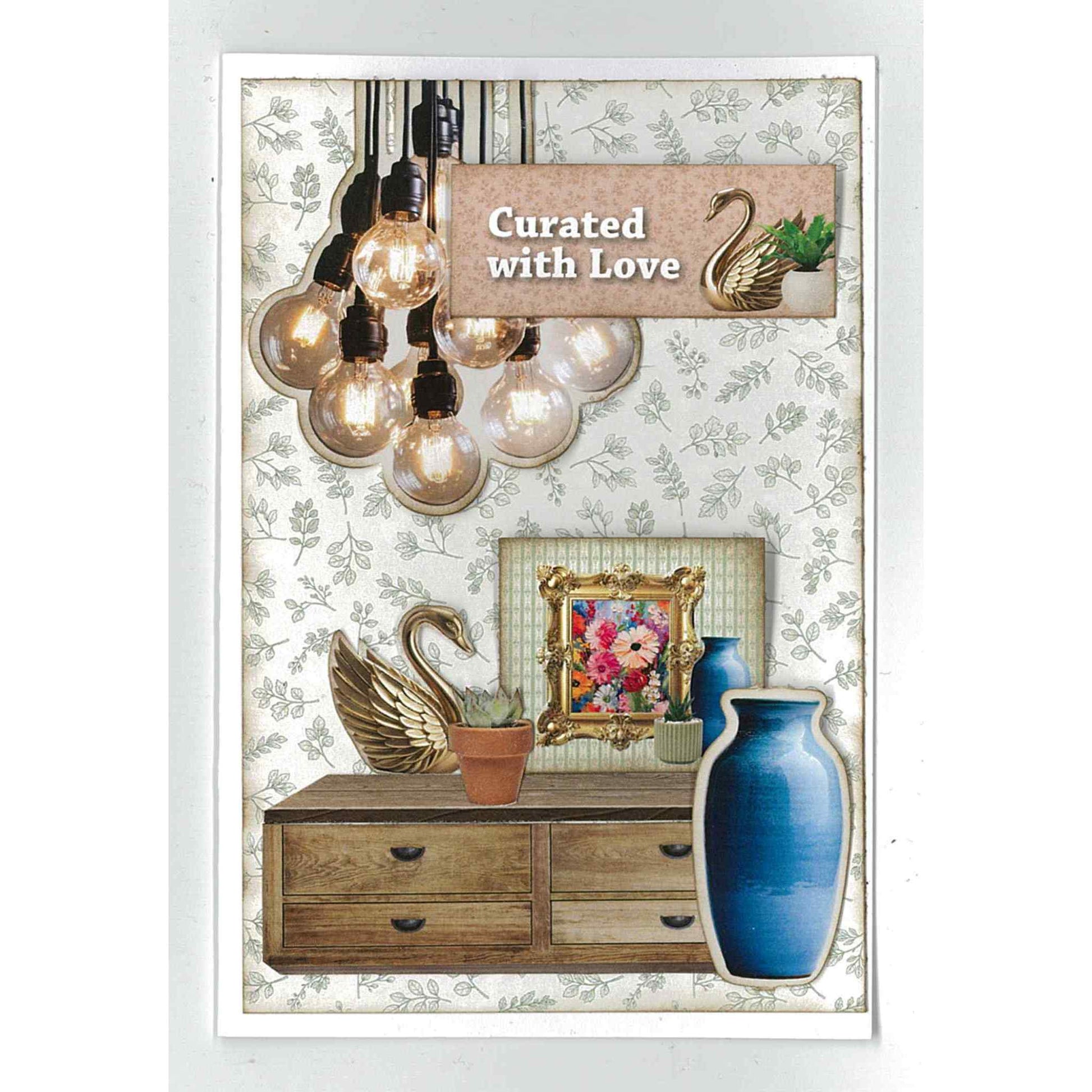 Timeless Gallery sample card — Curated with Love sentiment on cream tonal leaf wallpaper background with Edison bulb pendant cluster, timber sideboard, gold swan, gold baroque frame with floral painting, succulent, blue ceramic vase and gold swan accent