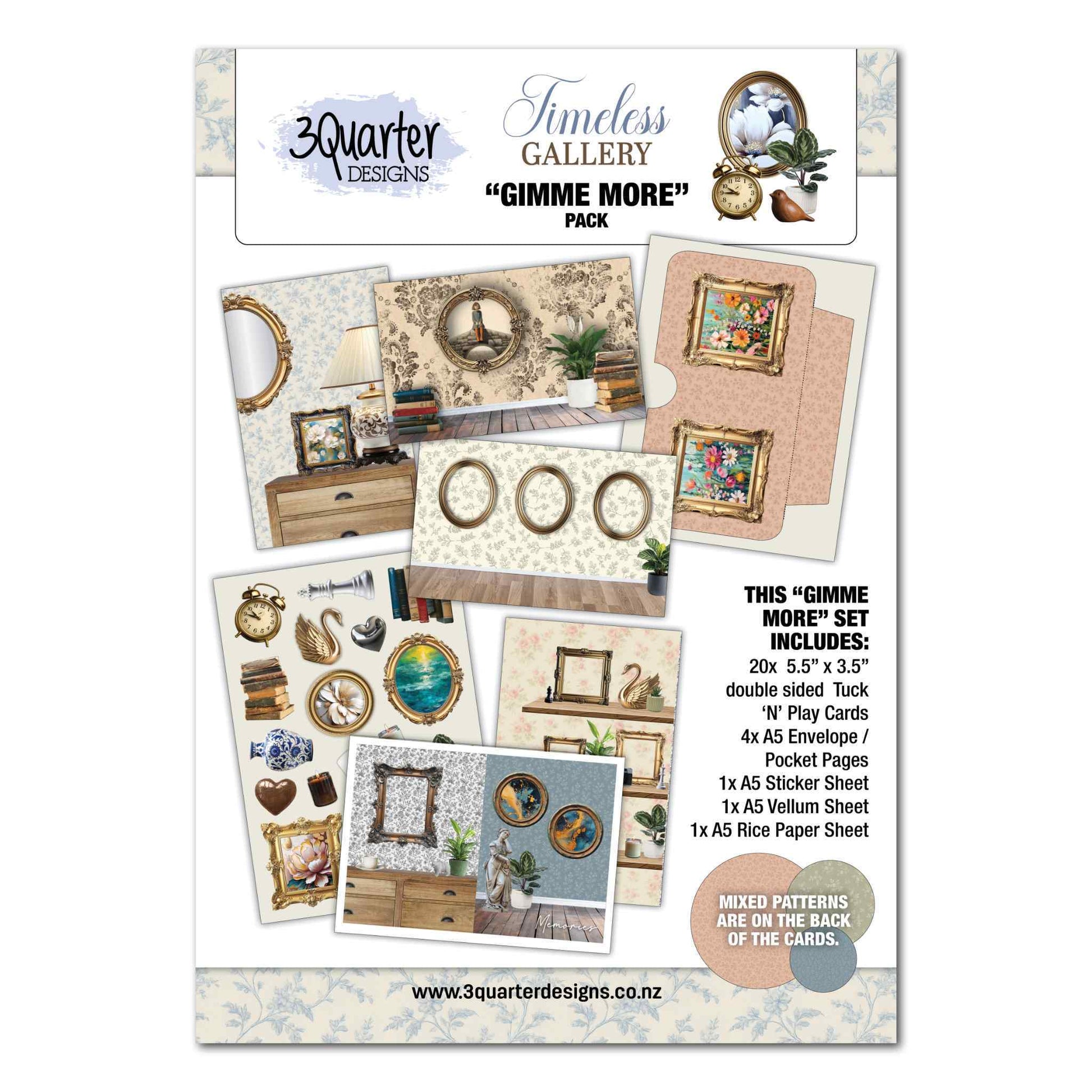 Timeless Gallery Gimme More Pack by 3Quarter Designs — front cover showing sample Tuck N Play Cards with gallery wall scenes, gold baroque frames, pocket pages, sticker sheet, vellum and rice paper sheets