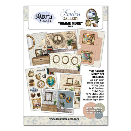 Timeless Gallery Gimme More Pack by 3Quarter Designs — front cover showing sample Tuck N Play Cards with gallery wall scenes, gold baroque frames, pocket pages, sticker sheet, vellum and rice paper sheets