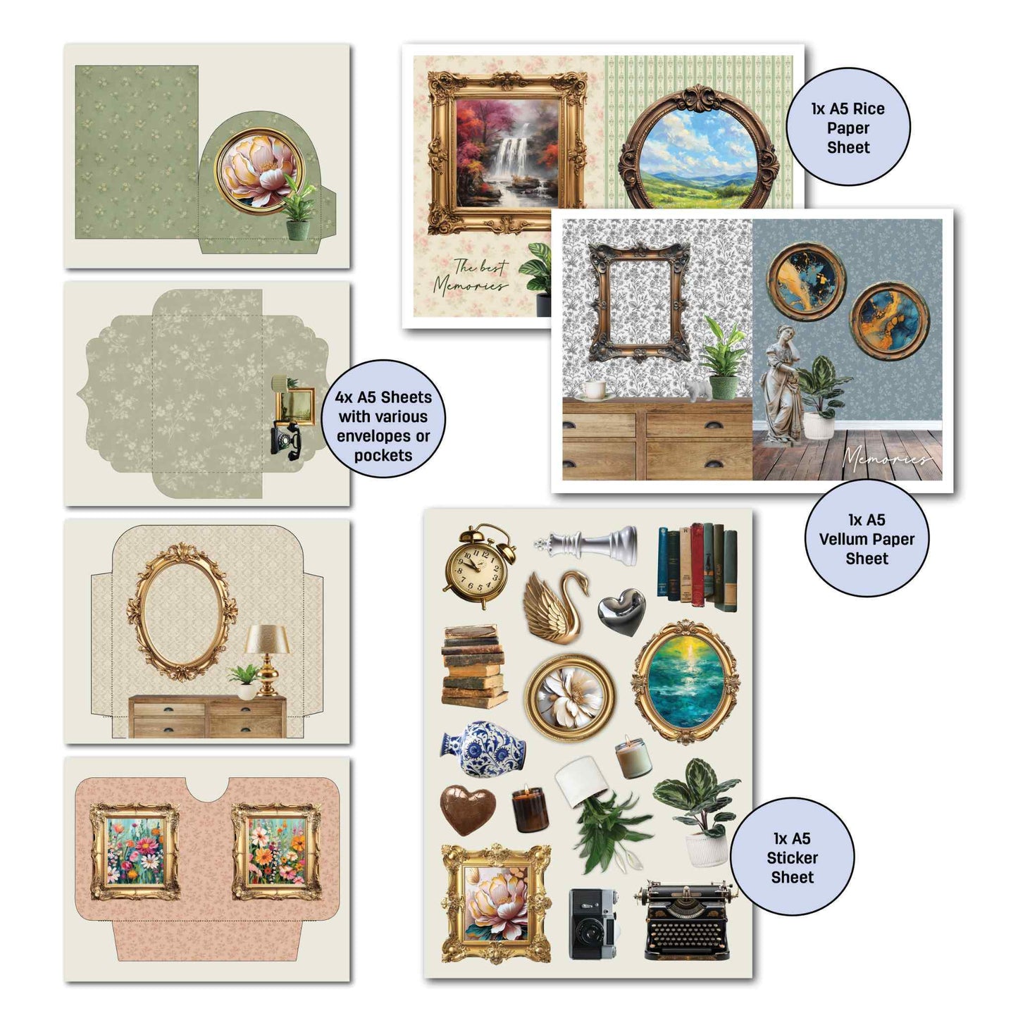 Timeless Gallery Gimme More Pack — 4x A5 envelope and pocket pages in arch, scallop, full-scene and tab styles; A5 sticker sheet with brass clock, gold swan, chinoiserie vase, plants, gold frames, heart, candle, camera and typewriter; A5 vellum sheet and A5 rice paper sheet with gold baroque frames and gallery wall scenes