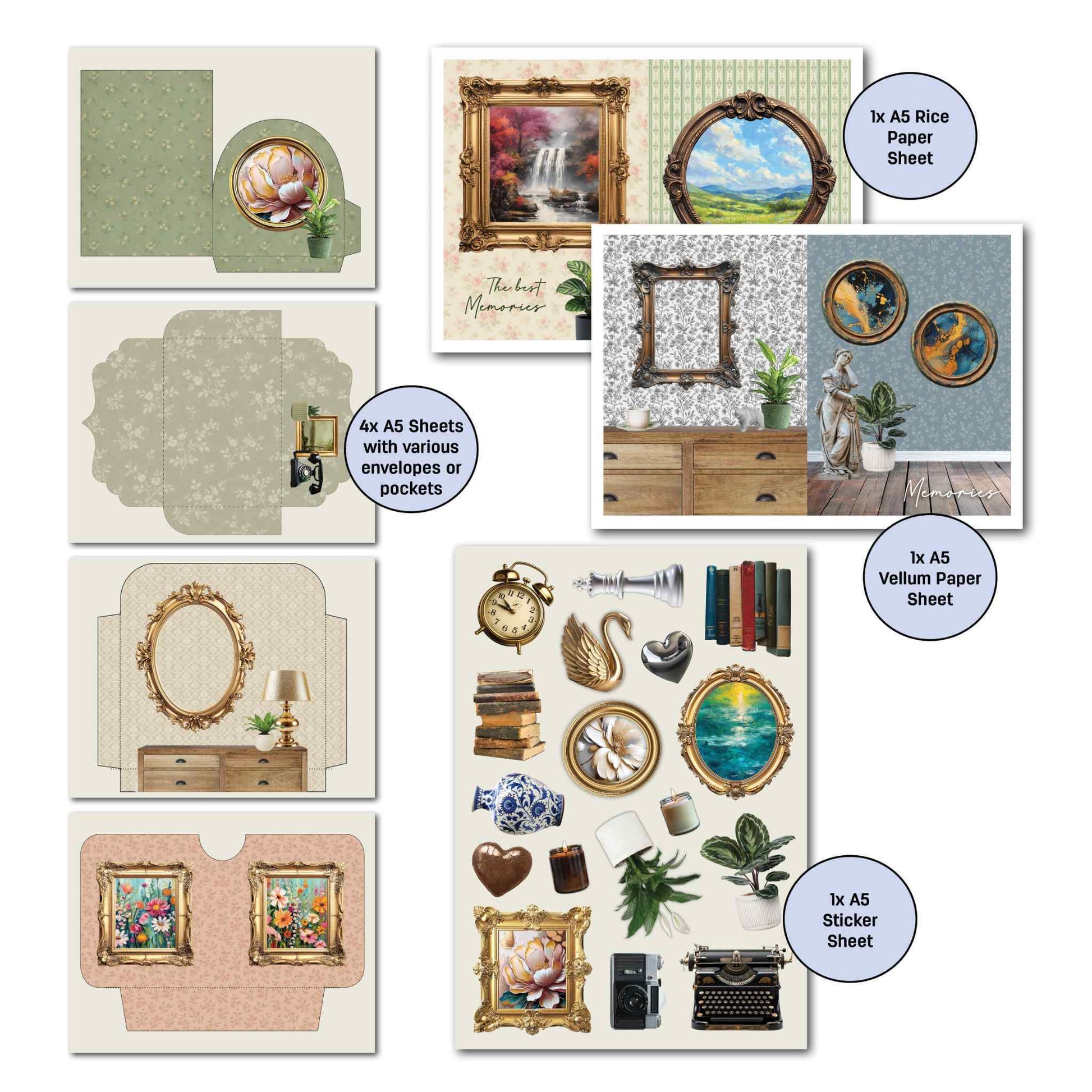 Timeless Gallery Gimme More Pack — 4x A5 envelope and pocket pages in arch, scallop, full-scene and tab styles; A5 sticker sheet with brass clock, gold swan, chinoiserie vase, plants, gold frames, heart, candle, camera and typewriter; A5 vellum sheet and A5 rice paper sheet with gold baroque frames and gallery wall scenes