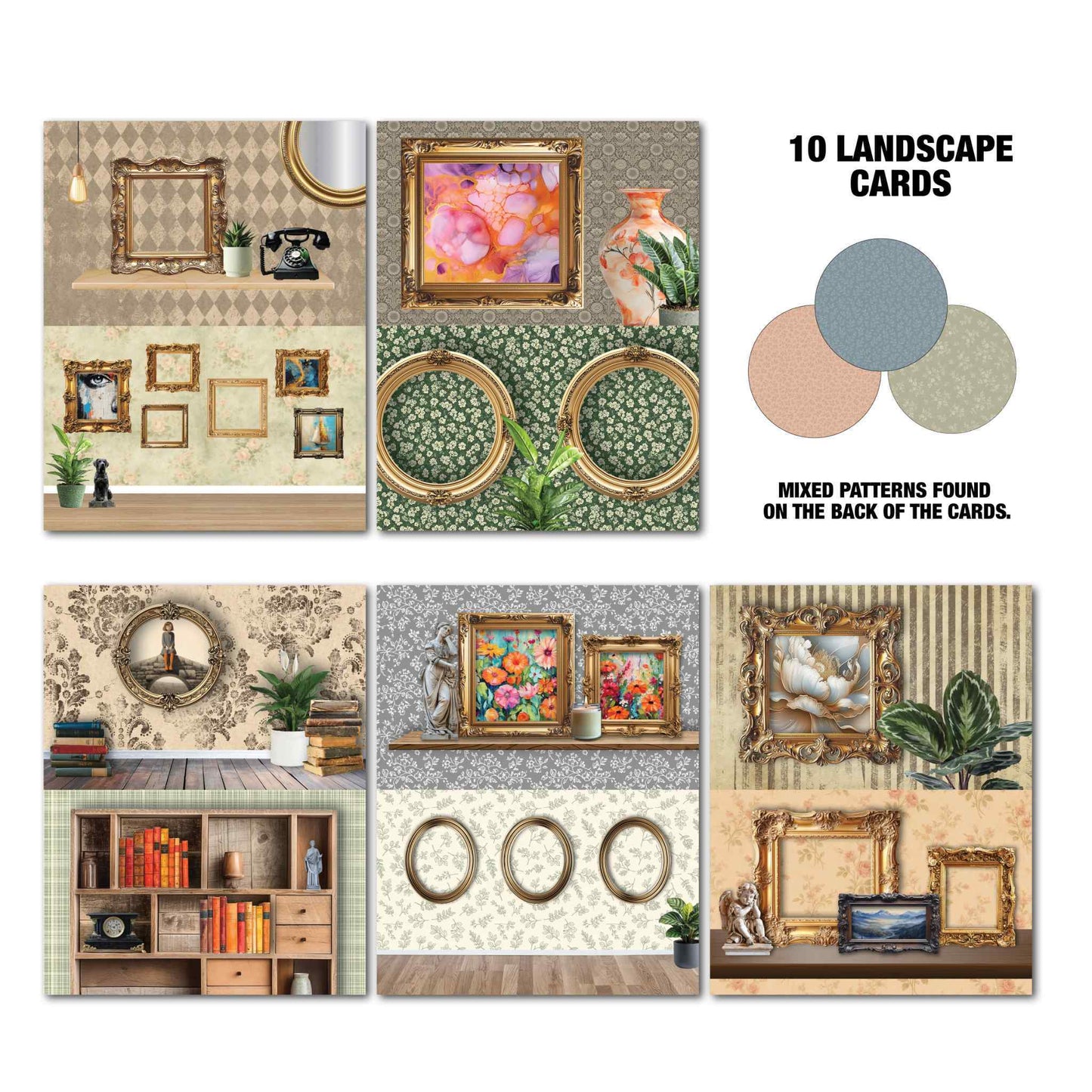 Timeless Gallery 10 landscape Tuck N Play Cards — gallery wall scenes with gold baroque frames, artworks, ornate oval mirrors, timber bookcase, three gold round frames on sage green floral, classical statue, and gold frames on striped wall; mixed tonal patterns on backs