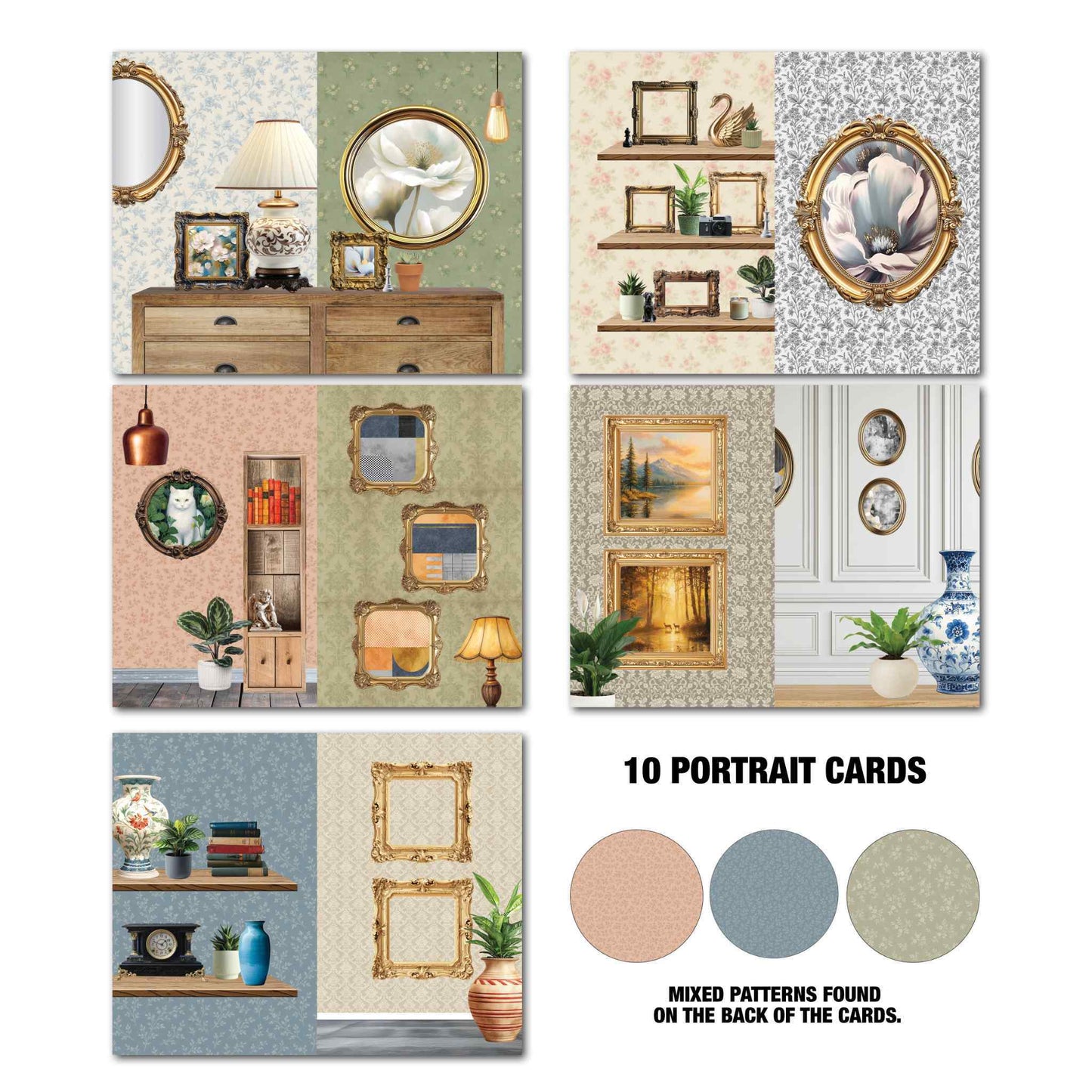 Timeless Gallery 10 portrait Tuck N Play Cards — gallery wall scenes with timber sideboard and oval mirrors, floating shelves with gold frames and gold swan, round frame with white cat, gold baroque frames with abstract paintings, forest landscape paintings on white panelled wall, and timber shelf with books; mixed tonal patterns on backs
