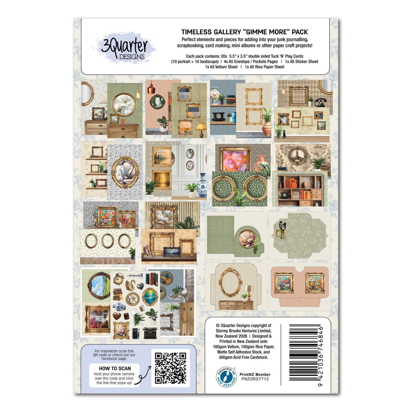 Timeless Gallery Gimme More Pack by 3Quarter Designs — back cover showing all 20 Tuck N Play Cards, 4 pocket pages, sticker sheet, vellum and rice paper; printed on 160gsm vellum, 100gsm rice paper, matte self-adhesive stock and 300gsm acid-free cardstock