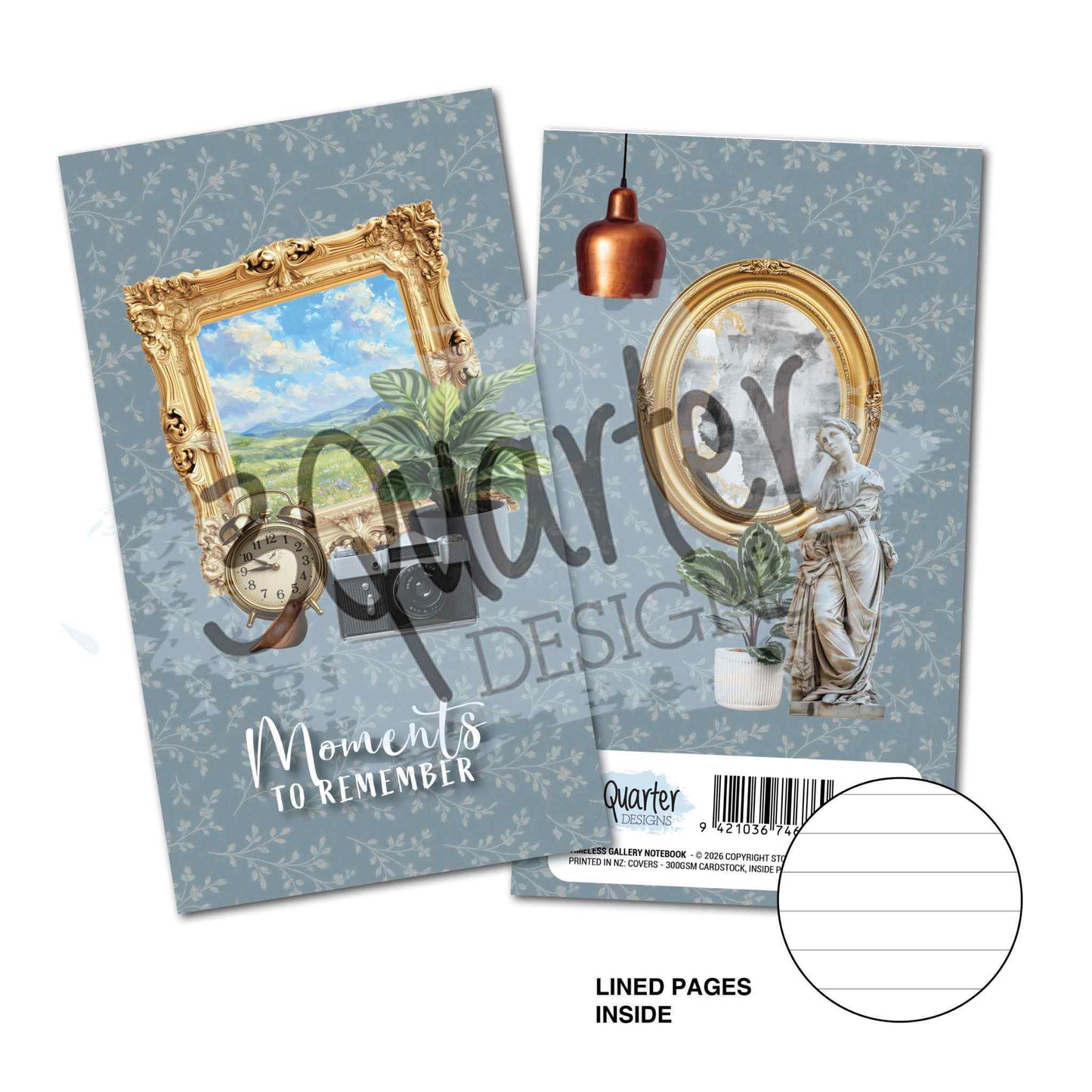 Timeless Gallery Mini Notebook by 3Quarter Designs — front cover with gold baroque frame, landscape painting, tropical plant, brass alarm clock and Moments to Remember sentiment on dusty blue tonal leaf background; back cover with copper pendant, gold oval frame with classical statue and potted snake plant