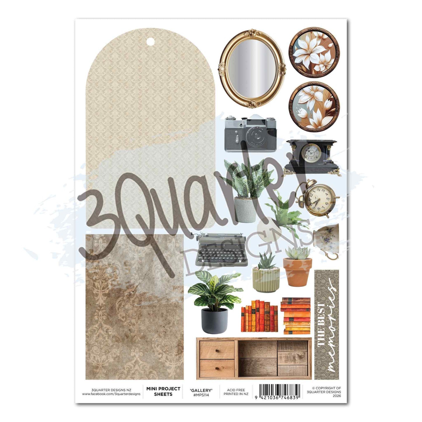 Timeless Gallery Mini Project Sheet by 3Quarter Designs — cut-apart sheet MPS114 with arch tag in cream diamond trellis,  gold taupe damask piece, gold ornate oval mirror, two bronze round frames with floral paintings, vintage film camera, black mantel clock, brass alarm clock, vintage typewriter, plants, timber sideboard, stacked books and The Best Memories sentiment tile