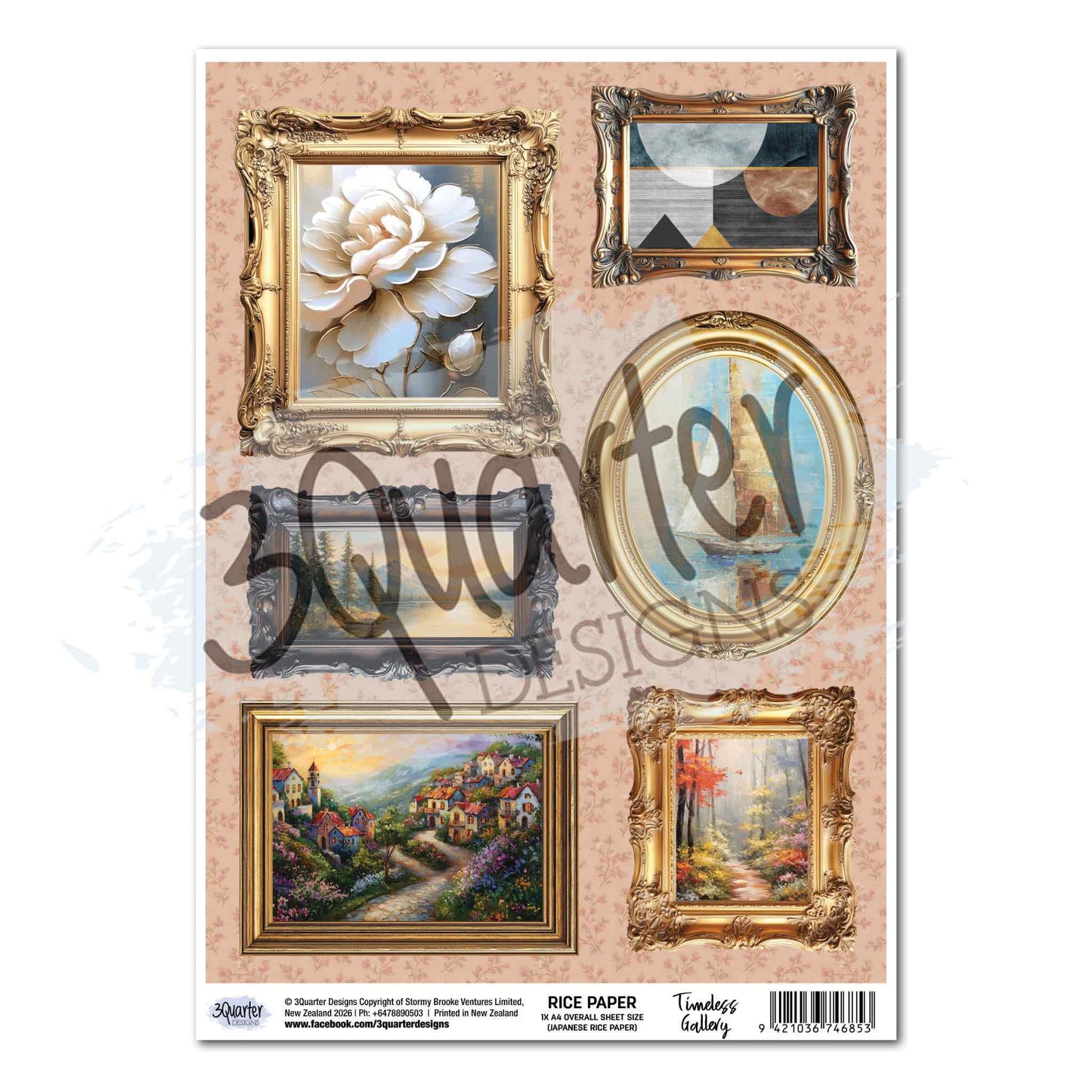 Timeless Gallery A4 Rice Paper by 3Quarter Designs — six ornate framed artworks on blush tonal floral background including gold baroque frame with white peony, silver-grey baroque frame with abstract moon, gold oval frame with sailboat, silver-grey baroque frame with pine forest, gold frame with Mediterranean village, and gold baroque frame with autumn forest path