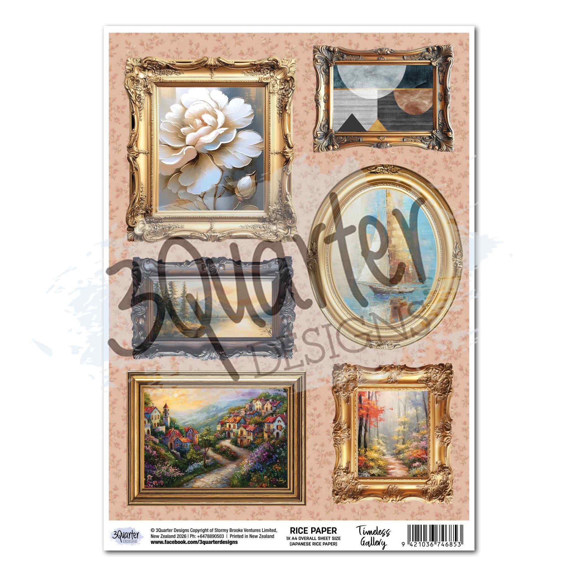 Timeless Gallery A4 Rice Paper by 3Quarter Designs — six ornate framed artworks on blush tonal floral background including gold baroque frame with white peony, silver-grey baroque frame with abstract moon, gold oval frame with sailboat, silver-grey baroque frame with pine forest, gold frame with Mediterranean village, and gold baroque frame with autumn forest path