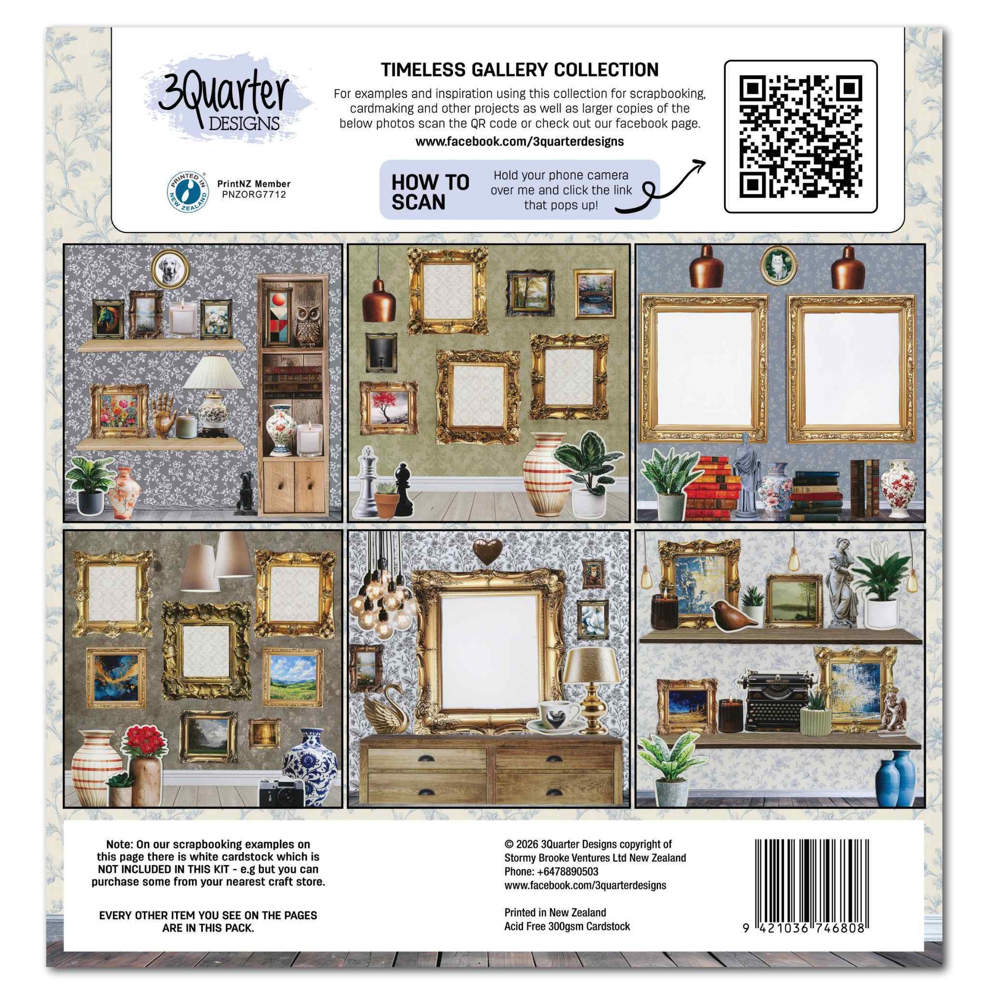 Timeless Gallery 12x12 Scrapbook Collection Kit by 3Quarter Designs — back cover showing 6 sample layouts with gallery walls, gold frames, wallpaper backgrounds, home décor elements and panelled wall papers